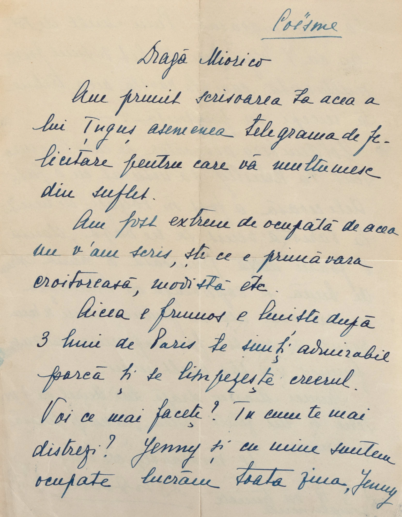 Scrisoare trimisă de Elena Lupescu unei prietene, 23 mai 1930, castelul Coësmes, Franța, semnată cu apelativul ”Duduia”, piesă rară (o filă)