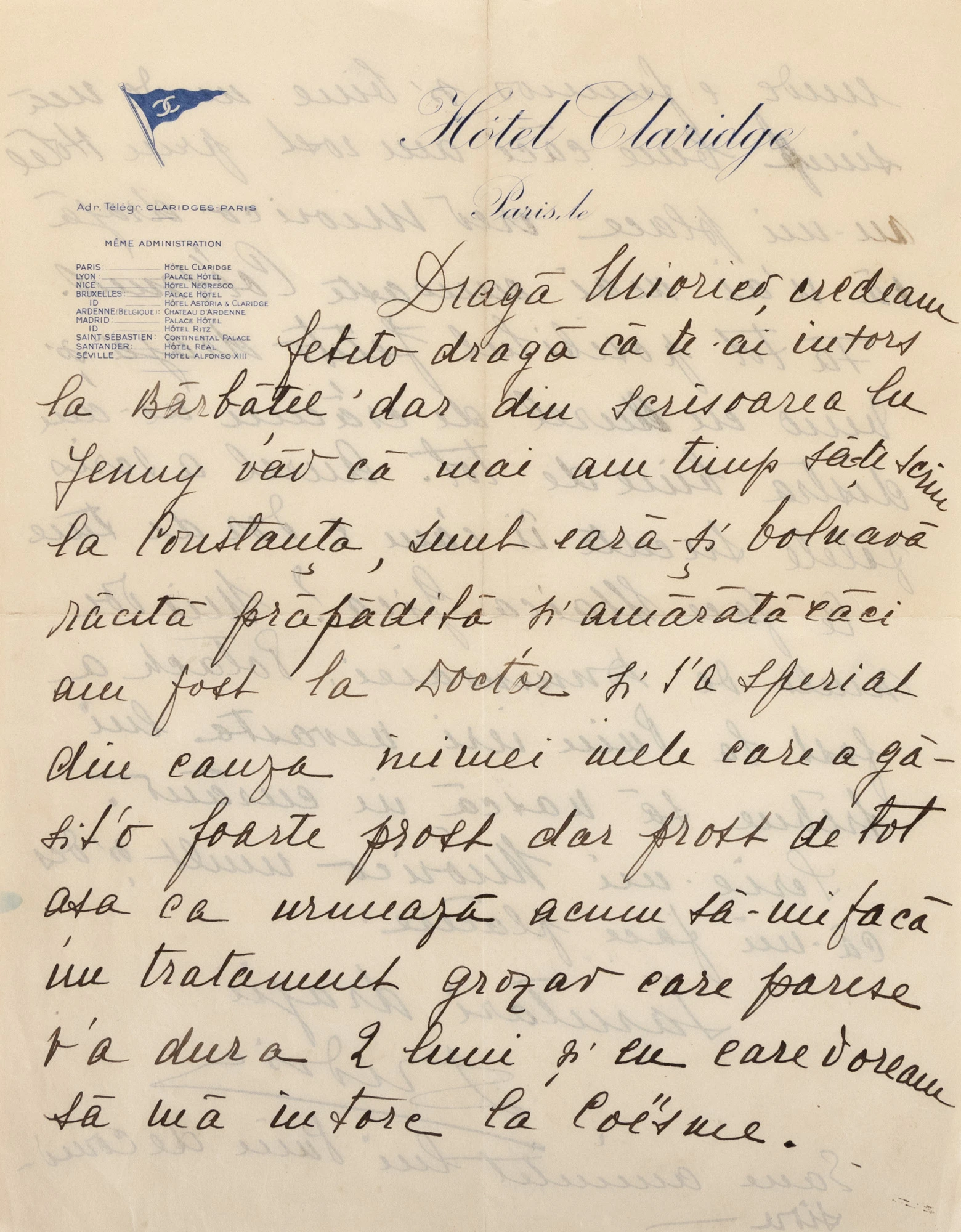 Scrisoare trimisă de Elena Lupescu unei prietene, probabil aprilie-mai 1930, hotel Claridge, Paris, semnată cu apelativul ”Duduia”, piesă rară (o filă)