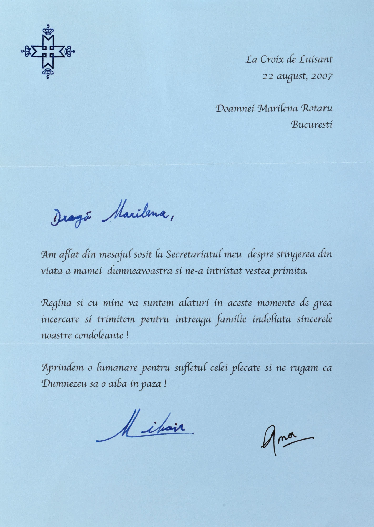 Scrisoare trimisă și semnată de Regele Mihai și Ana de Bourbon-Parma către Marilena Rotaru, București, 2007
