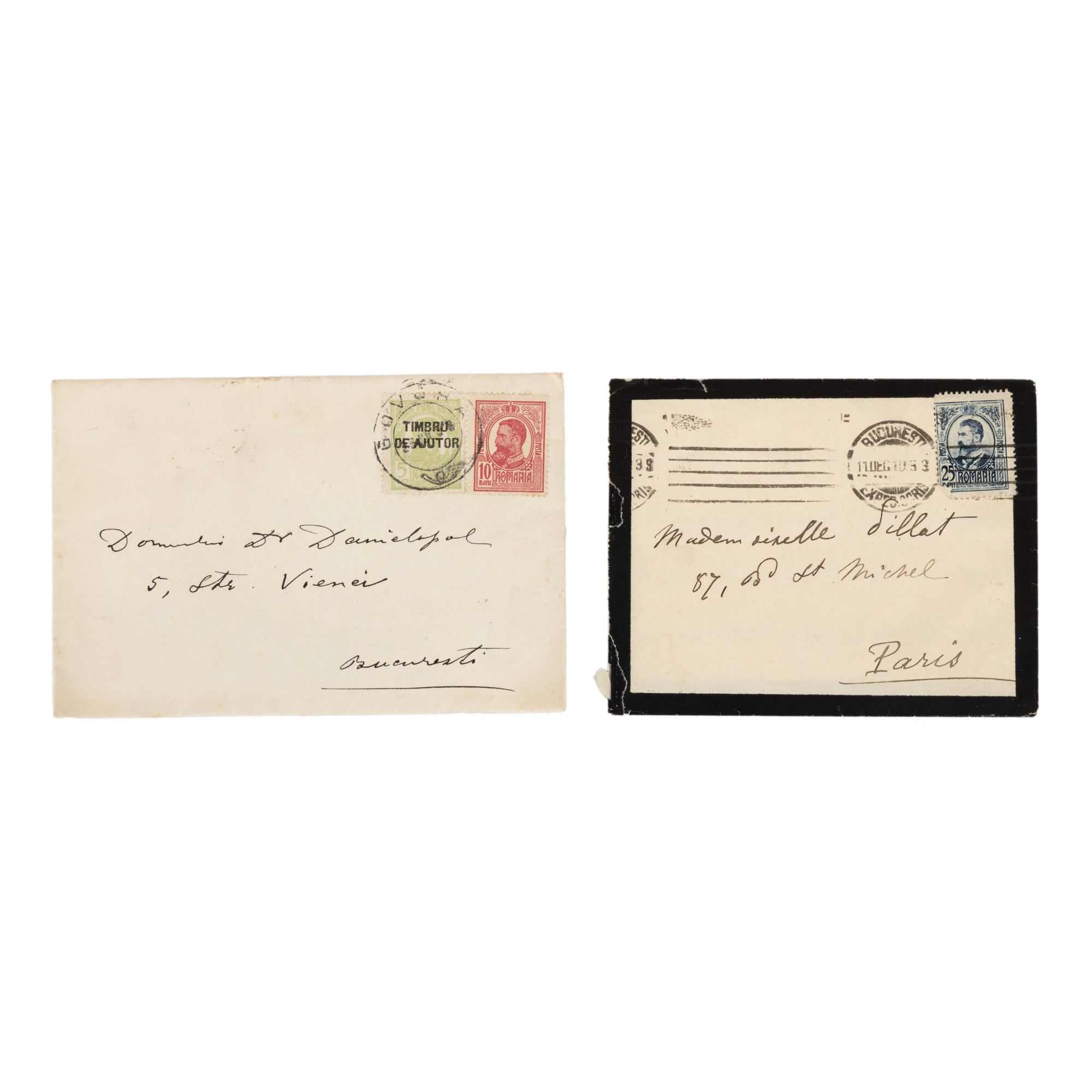Lot format din scrisoare olografă trimisă de doctorul Constantin Cantacuzino către doctorul Daniel Danielopolu, 12 iulie 1916, însoțită de plicul original, și scrisoare olografă trimisă de Sabina Brătianu Cantacuzino către Pia Pillat, decembrie 1910, însoțită de plicul original