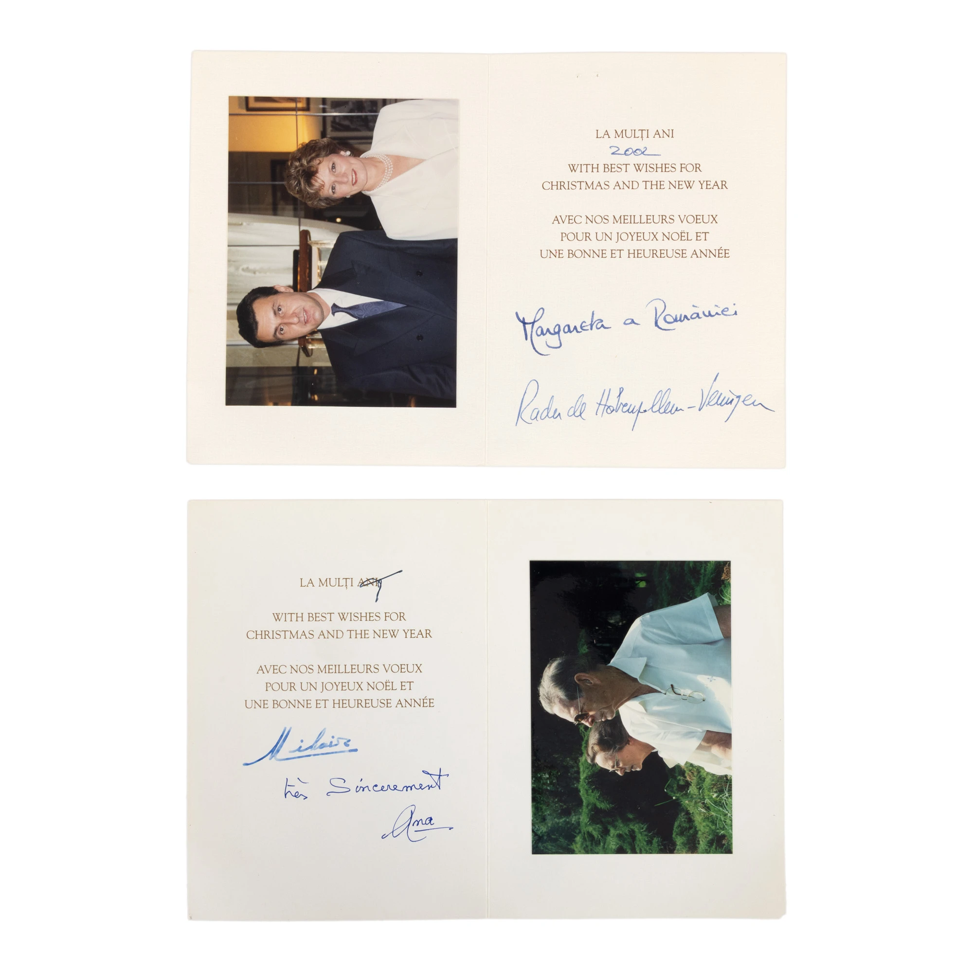 Lot format din două felicitări trimise cu ocazia Crăciunului de către membrii Casei regale a României, Regele Mihai, Regina Ana, Principele Radu și Principesa Margareta, cu semnăturile olografe ale acestora, 2002