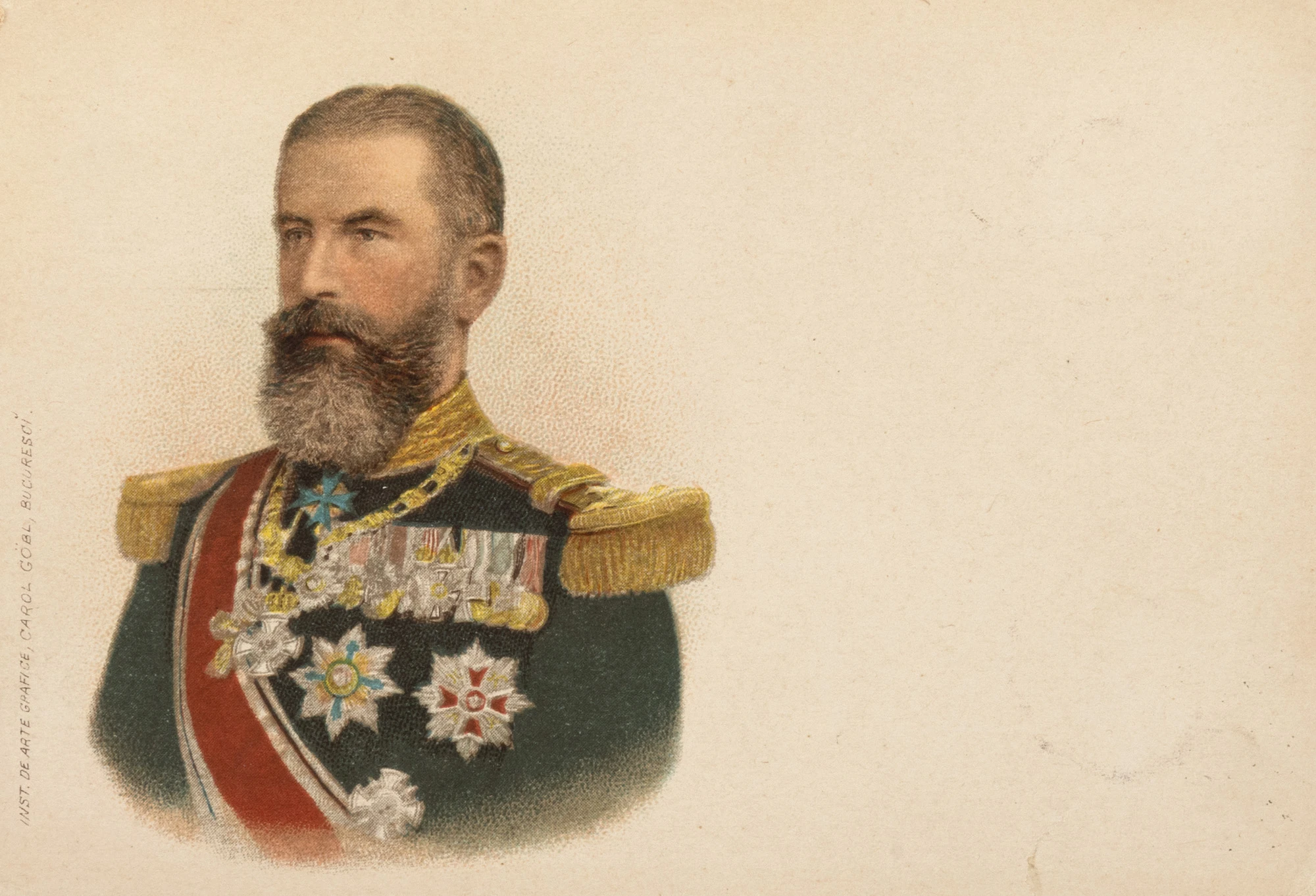 Carte poștală ilustrându-l pe Regele Carol I, editor Institutul de Arte Grafice Carol Gôbl, București, cca. 1900