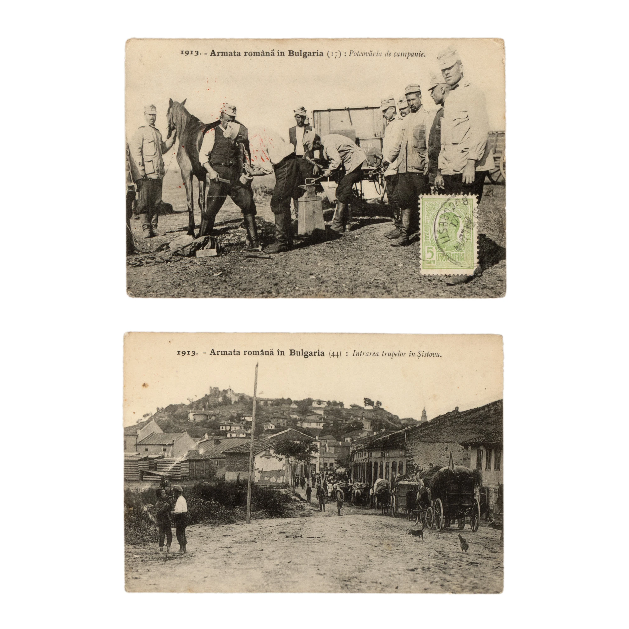 Lot format din două cărți poștale ilustrând campania armatei române în Bulgaria în timpul celui de al Doilea Război Balcanic din 1913, colecția CAMARA, cu trei ex-libris, piese rare