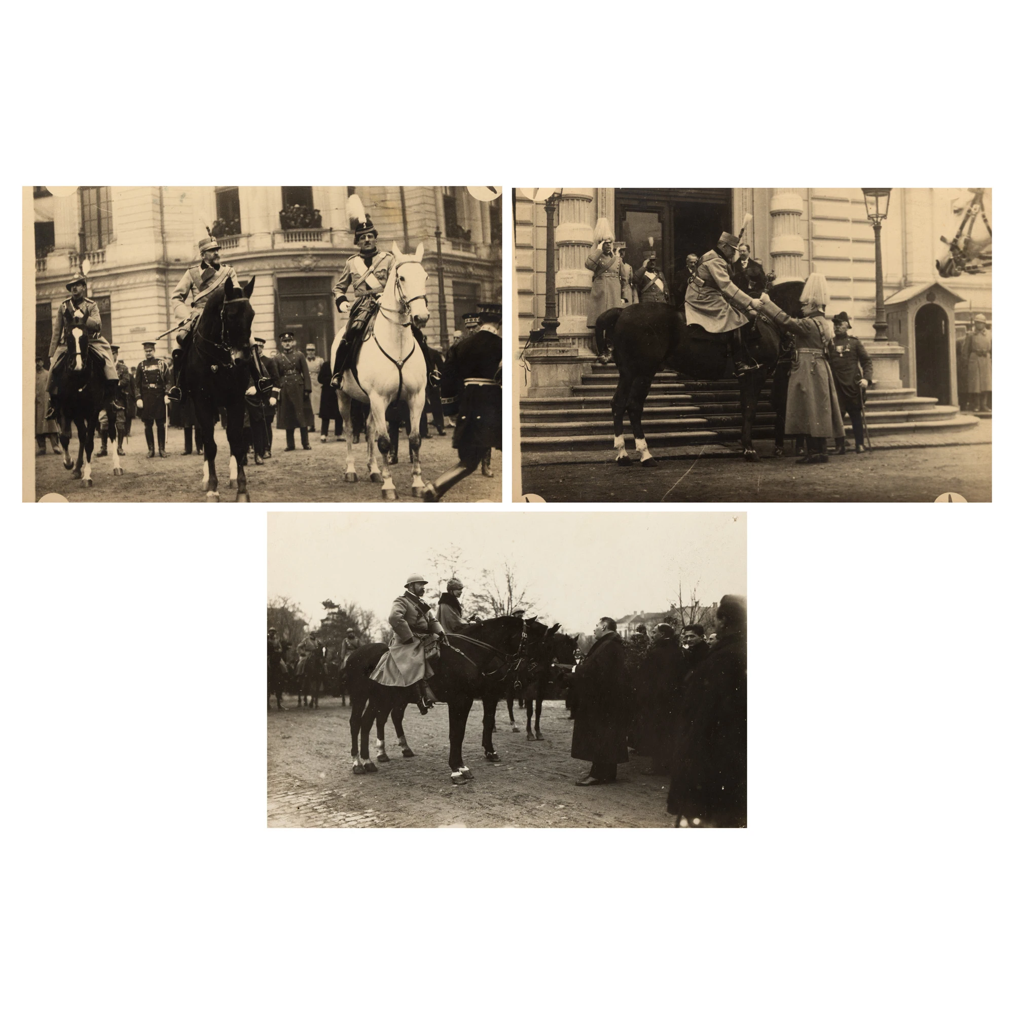 Lot format din trei fotografii ilustrându-i pe Regele Ferdinand, Regina Maria, viitorul Rege Carol II și Regele Alexandru al Iugoslaviei, ateleir fotografic Foto Royal, București, perioada interbelică