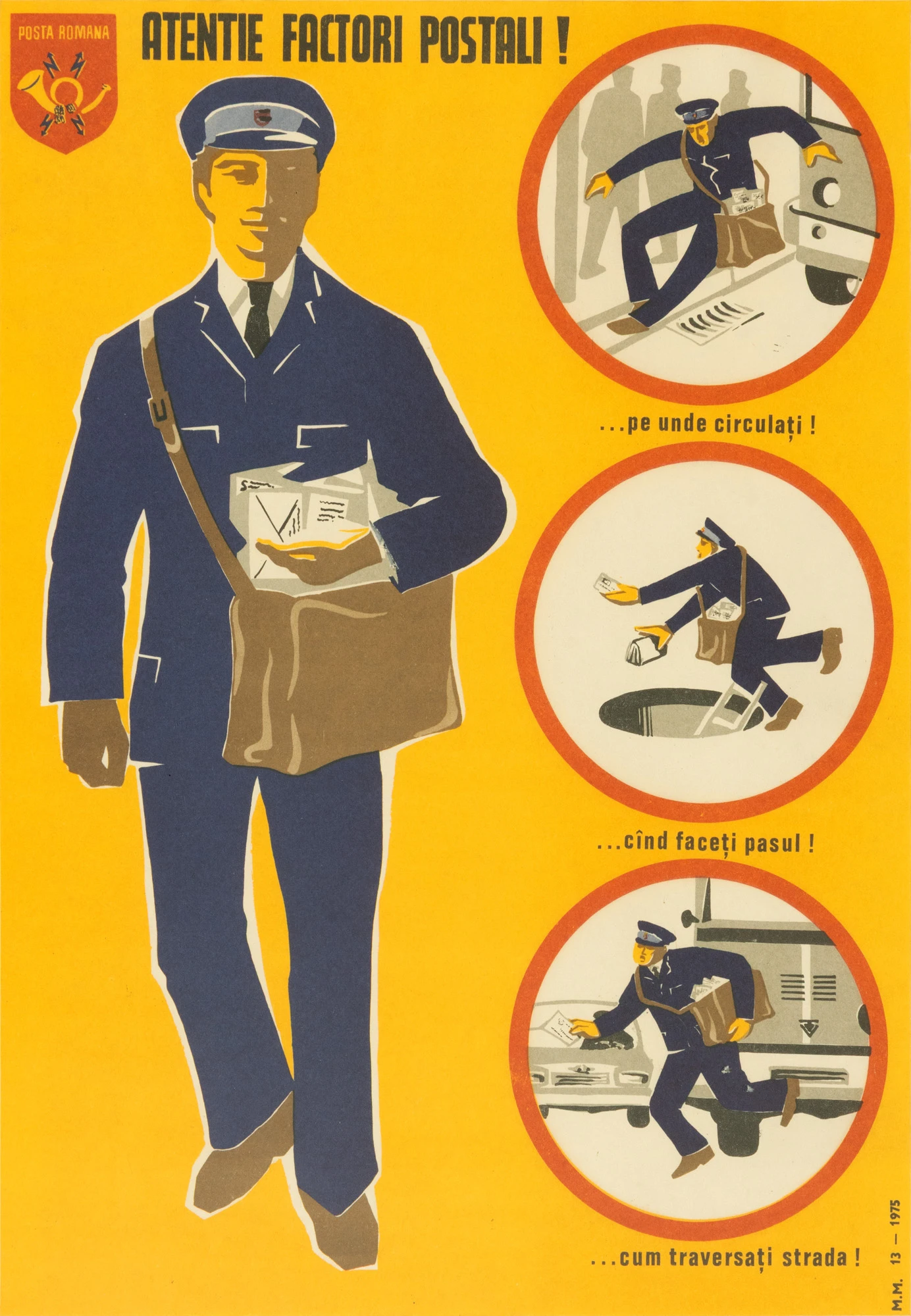 Afiș de protecția muncii editat de Poșta Română, ”Atenție factori poștali!”, 1975