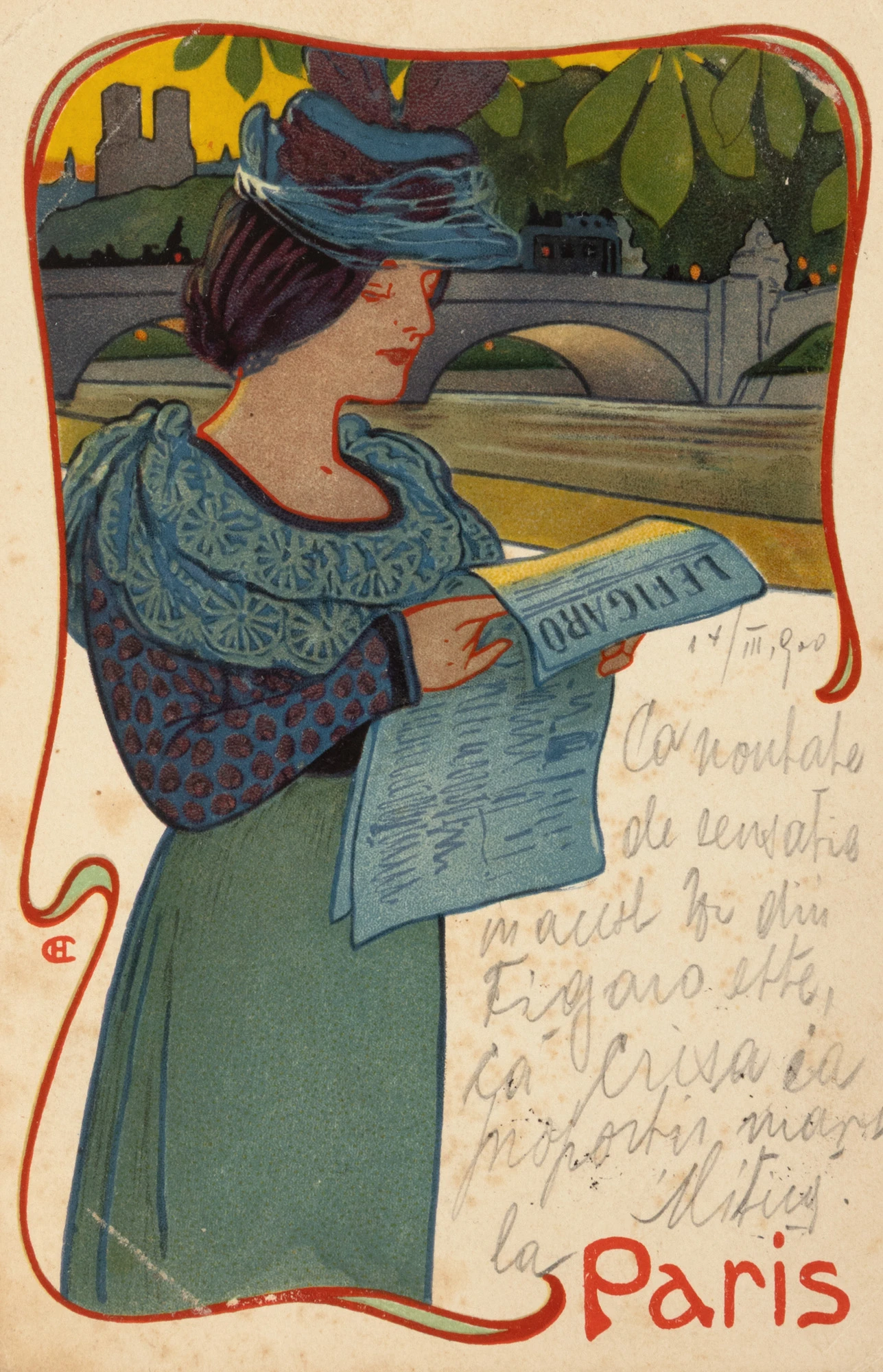 Carte poștală publicitară Art Nouveau ”Paris. Le Figaro”, realizată de Hans Cristiansen, 1900, piesă de colecție