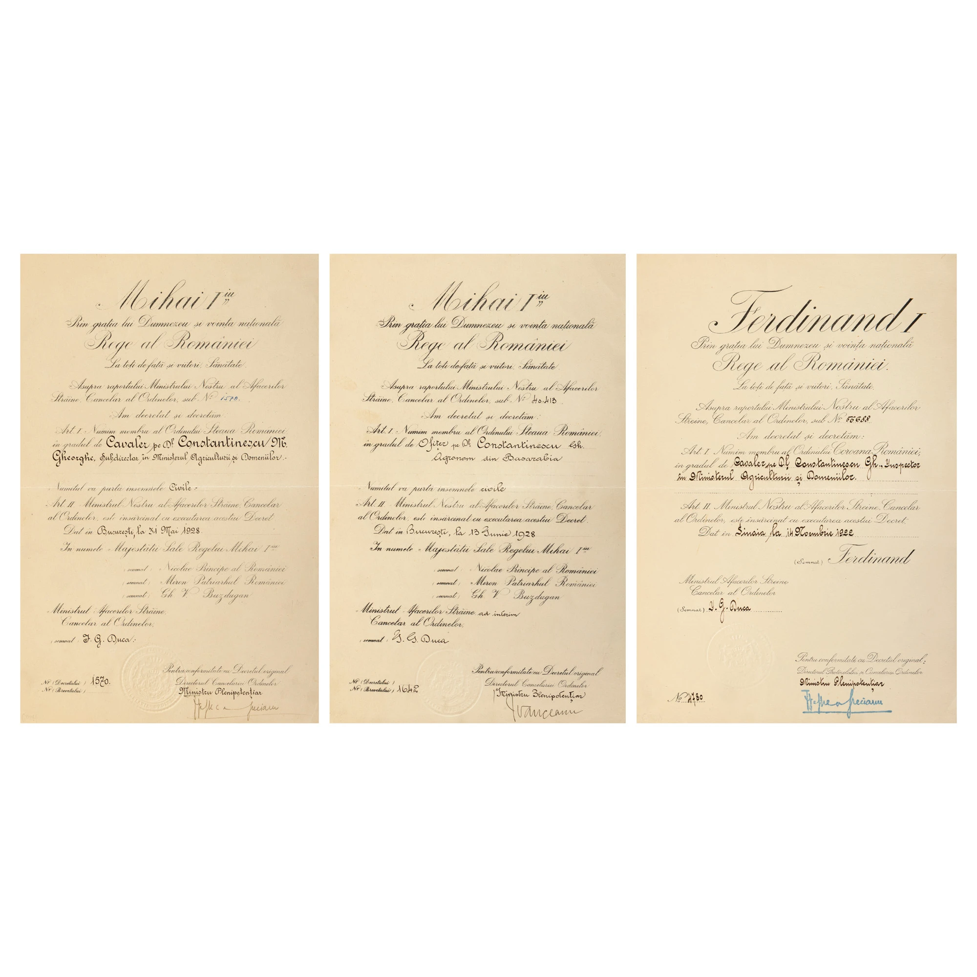 Lot format din decret regal pentru acordarea Ordinului ”Steaua României” în grad de Cavaler, 31 mai 1928, decret regal pentru acordarea Ordinului ”Steaua României” în grad de Ofițer, 13 iunie 1928, decret regal pentru acordarea Ordinului Coroana României în grad de Cavaler, 14 noiembrie 1922, acordate lui Gheorghe Constantinescu, agronom din Basarabia, inspector în Ministerul Agriculturii și Domeniilor