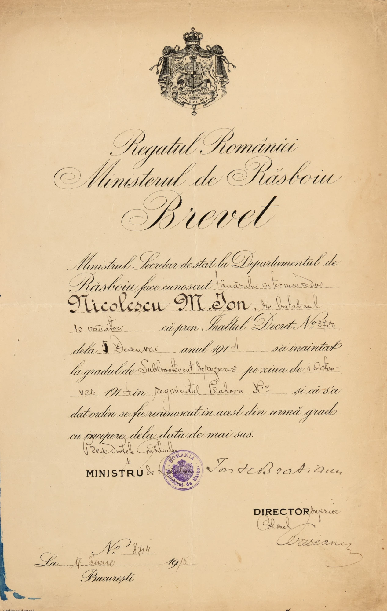 Brevet de înaintare la gradul de sublocotenent în rezervă acordat lui Ion M. Nicolescu, din Regimentul Prahova nr. 7, 17 iunie 1915, cu semnătura olografă a lui Ion I.C. Brătianu