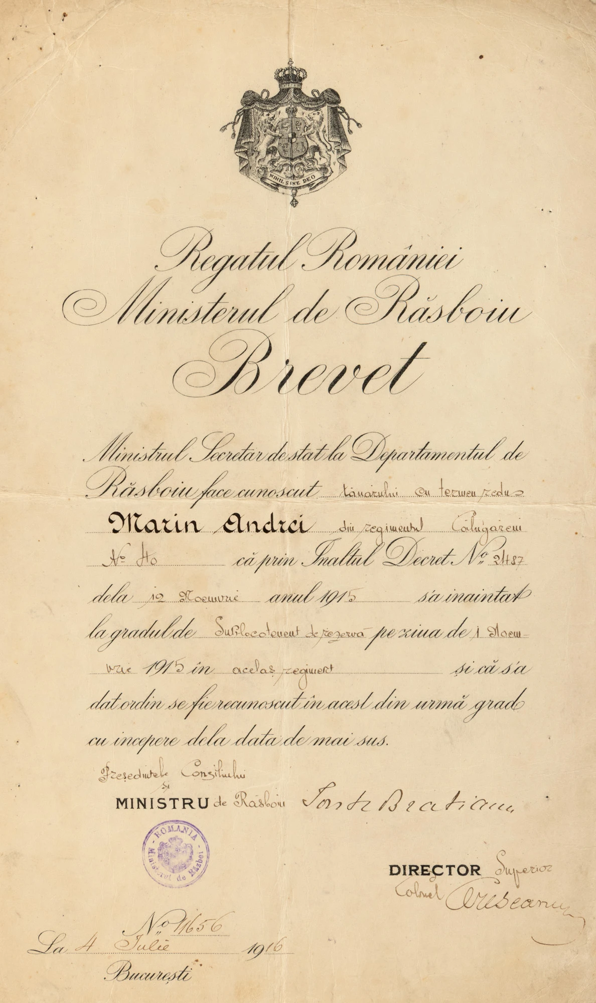 Brevet regal de înaintare la gradul de sublocotenent în rezervă a TR Andrei Marin din Regimentul Călugăreni nr. 40, 4 iulie 1916, cu semnătura olografă a Ministrului de Război Ion I.C. Brătianu