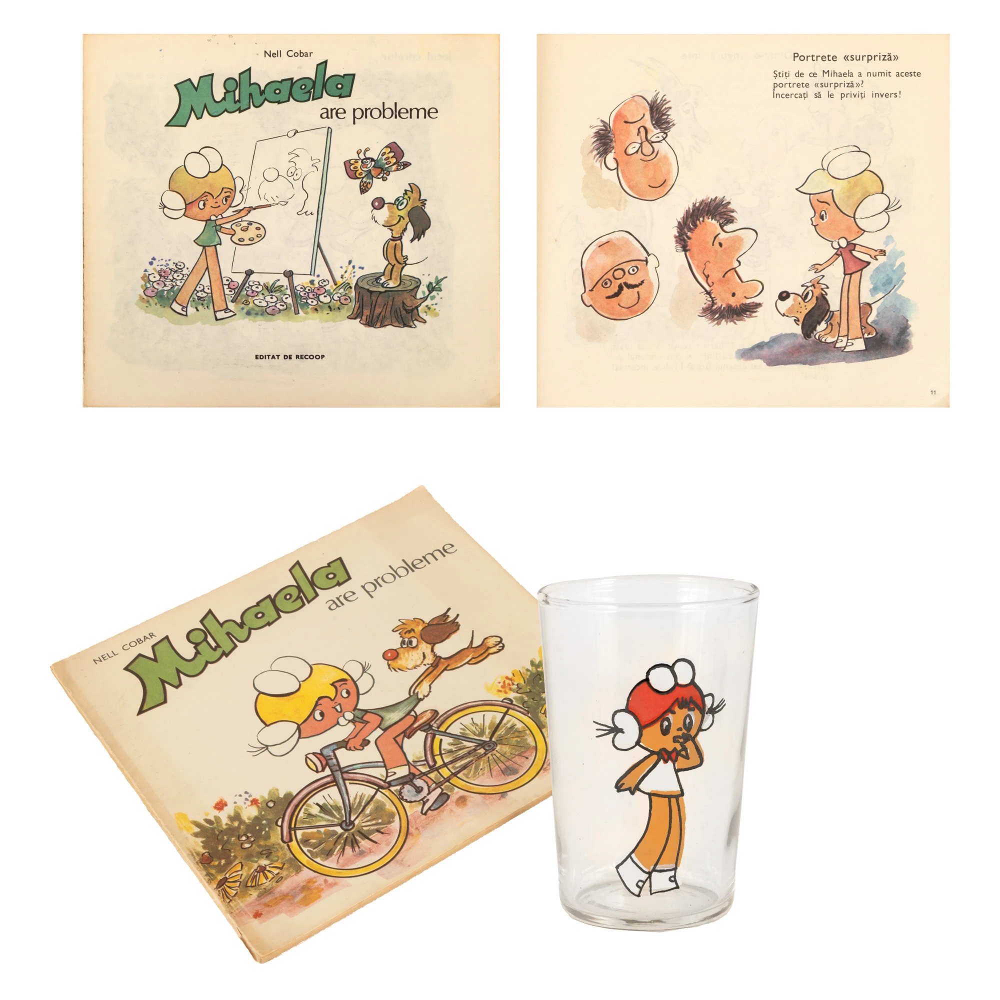 Lot format din carte de povești ”Mihaela” și pahar de apă pentru copii Mihaela pictat manual, anii '70