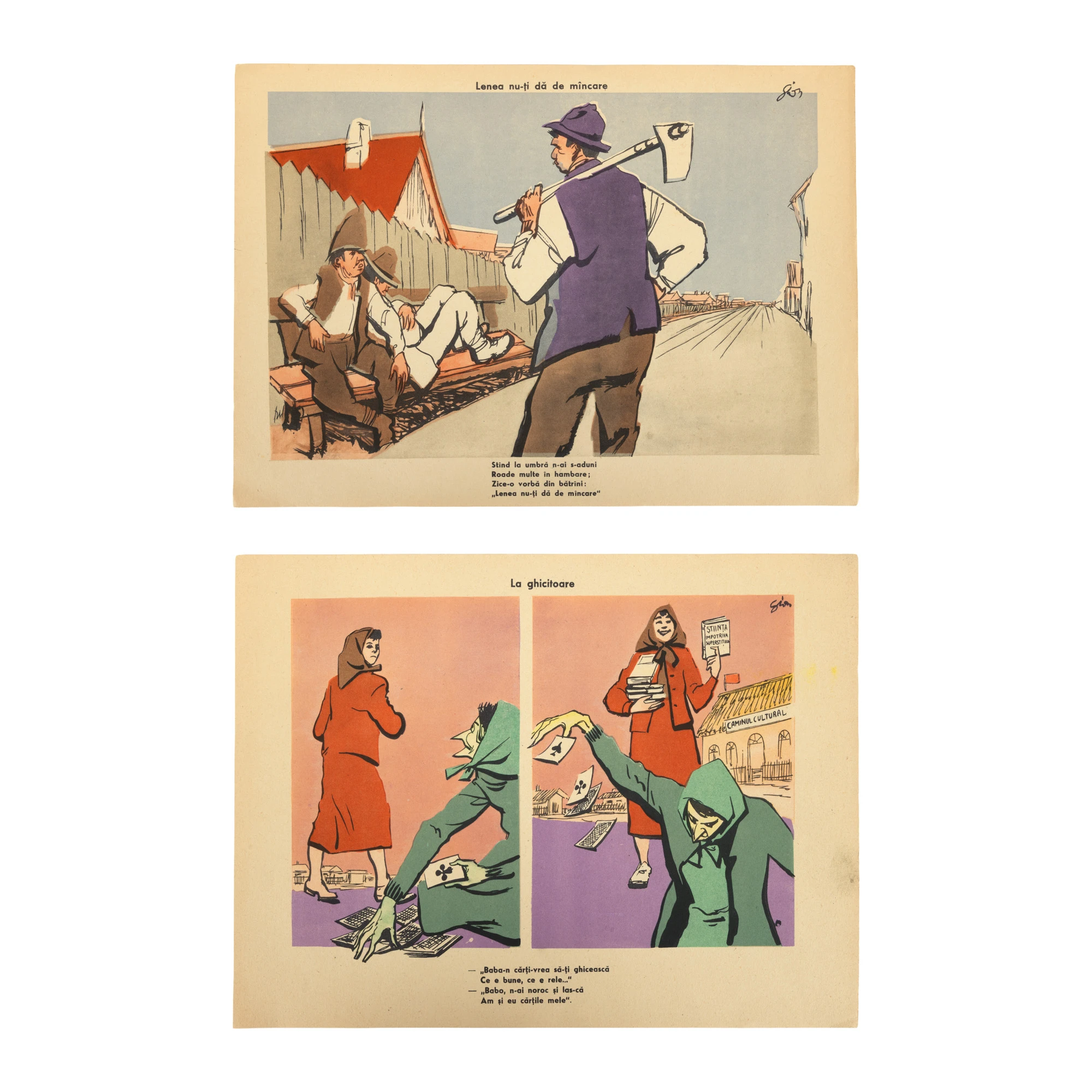 Lot format din două ilustrații de propagandă comunistă ”Lenea nu-ți dă de mâncare” și ”La ghicitoare”, de Mihail Gion, cca. 1955