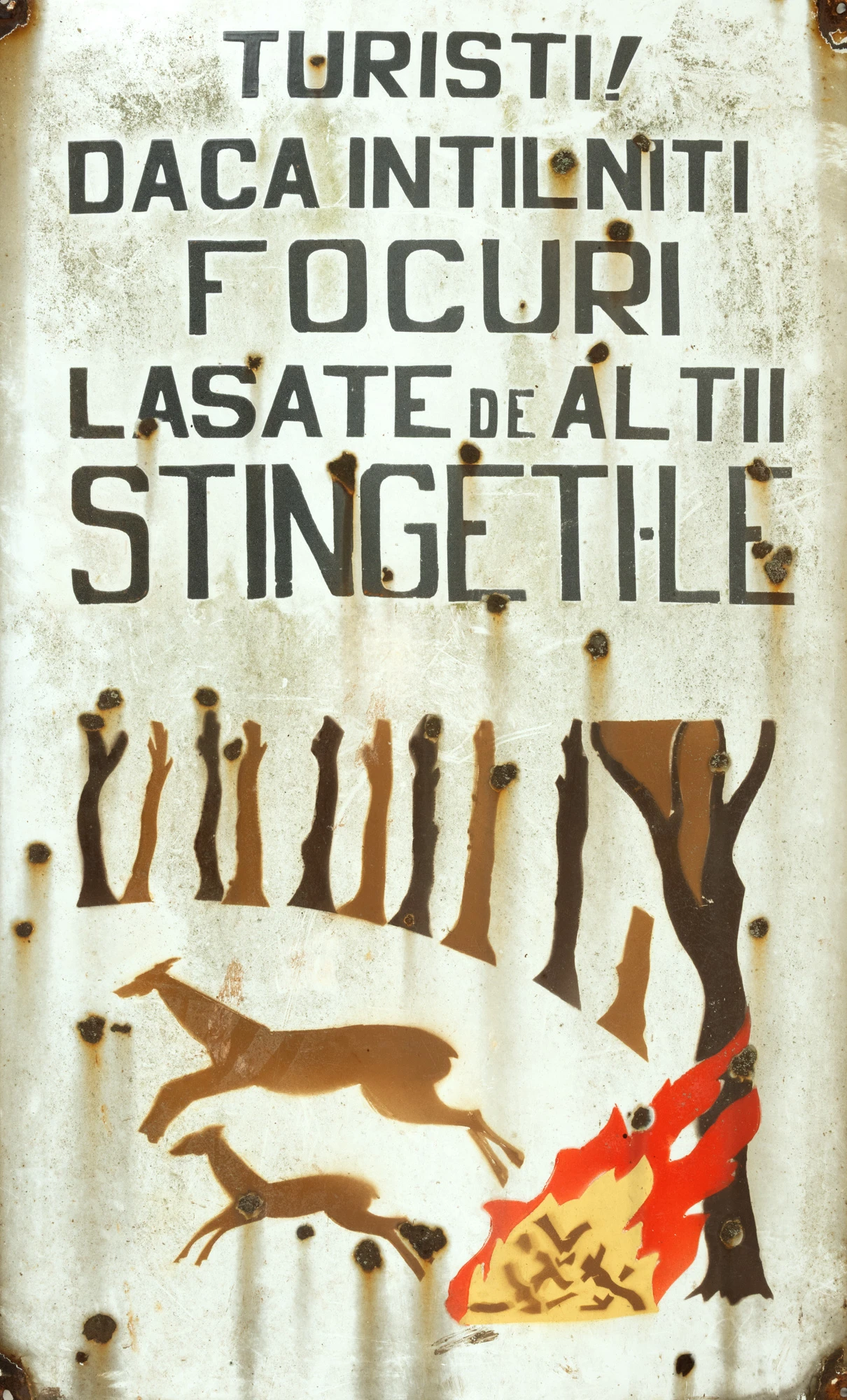 Panou metalic, protecția mediului, ”Turisți! Dacă întâlniți focuri lăsate de alții, stingeți-le!”, pictată manual, anii '60