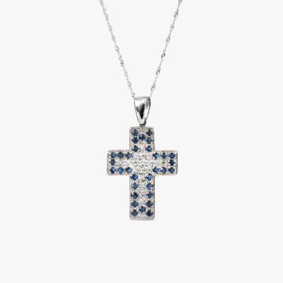Lanț cu pandantiv din aur alb, sub formă de cruce, decorat cu safire și diamante 