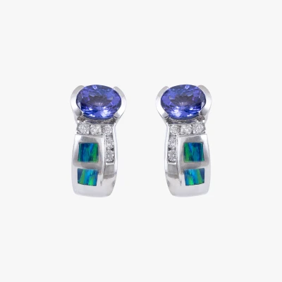 Pair of white gold earrings decorated with tanzanite, diamonds, and opal