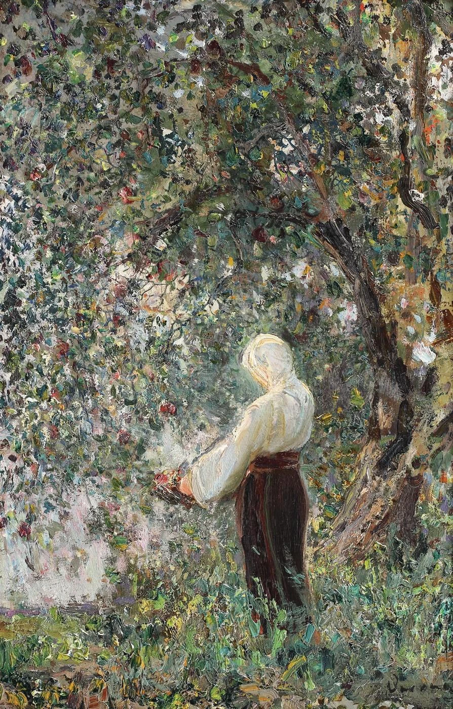Peasant girl in the apple orchard