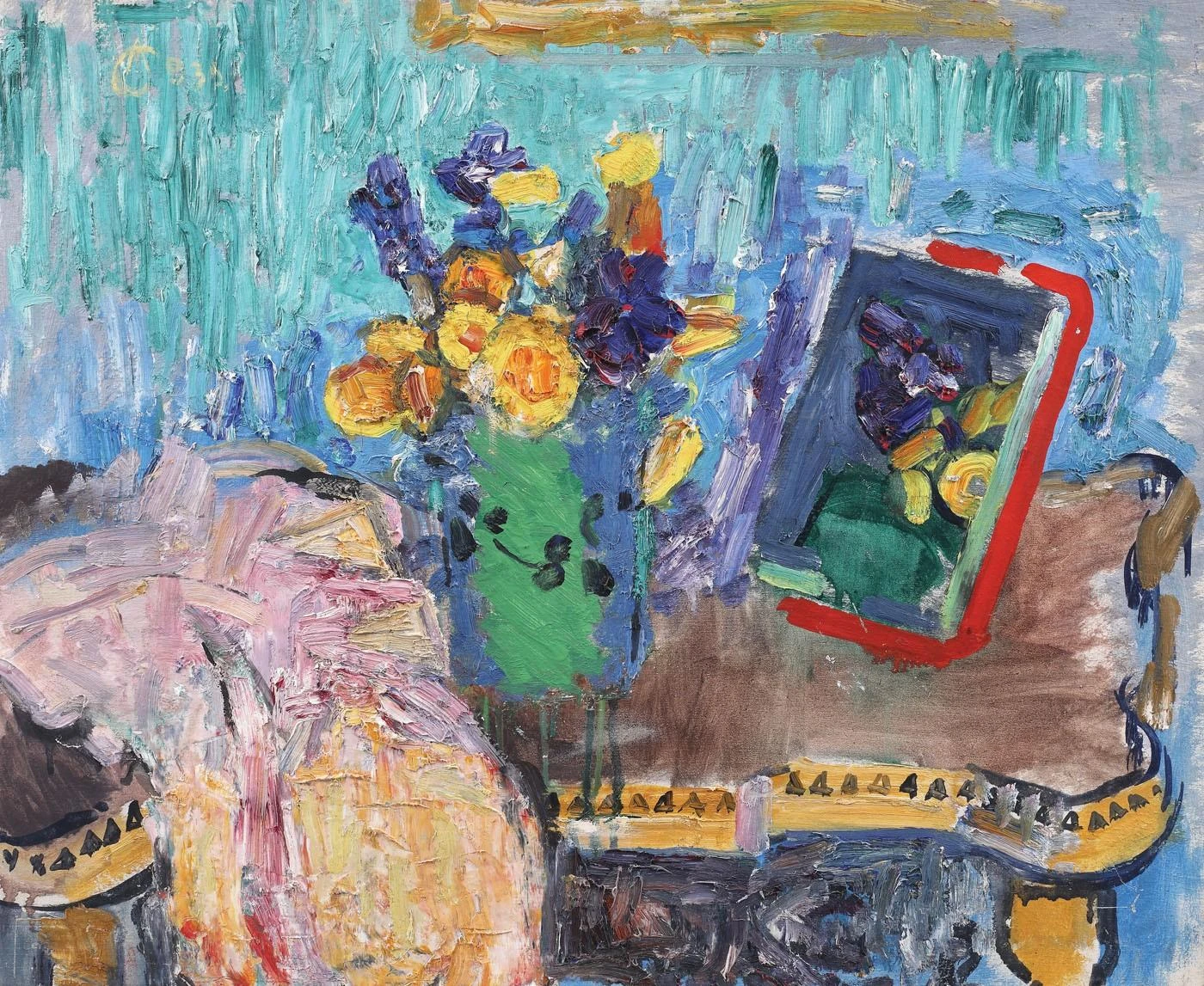 Still life with mirror and spring flowers
