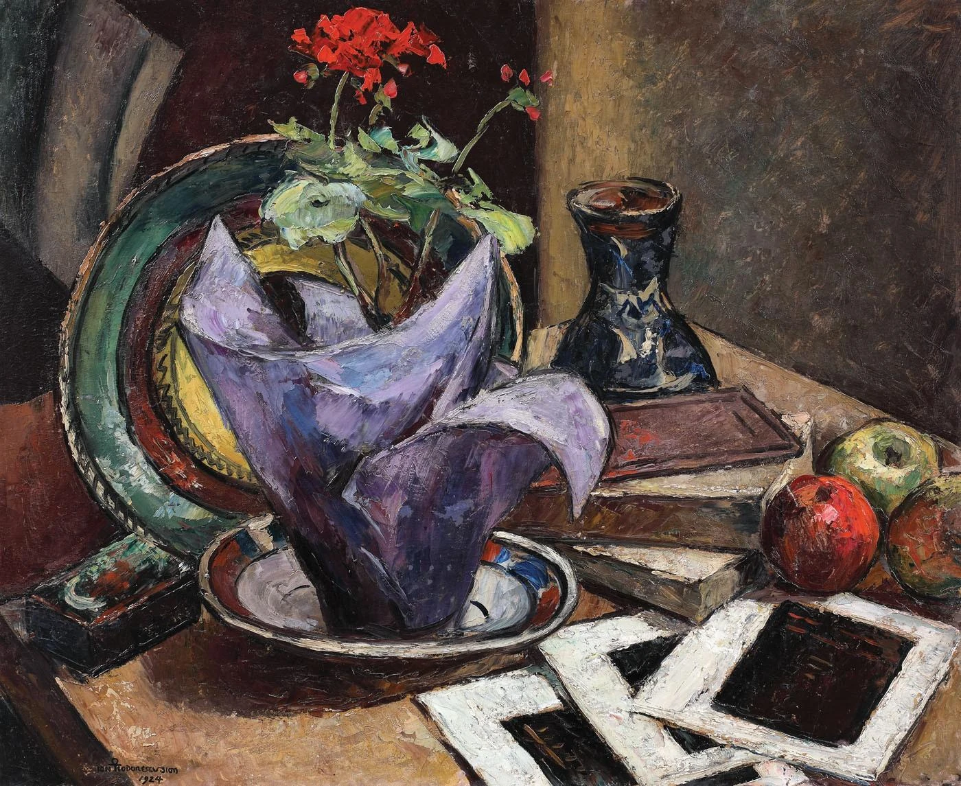 Still life with geraniums, a pitcher and apples