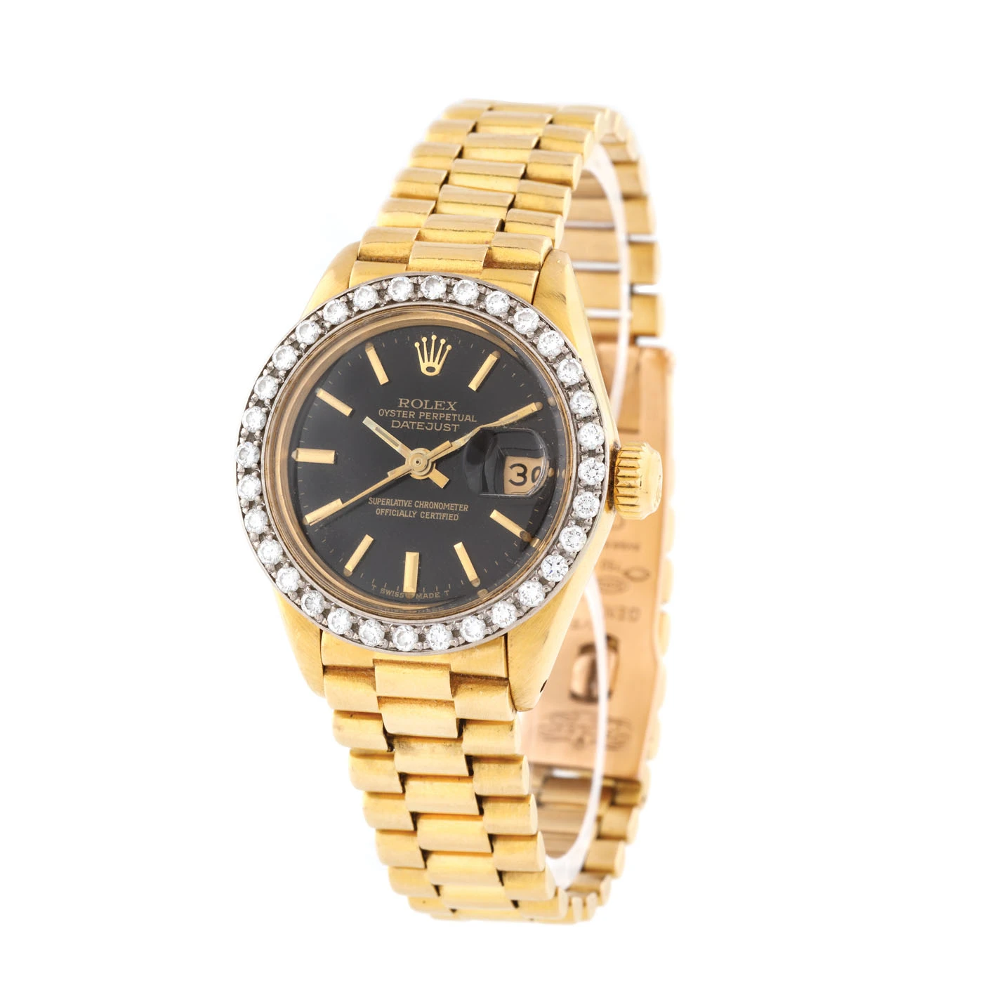 Ceas Rolex DateJust, de mână, de damă, din aur, cu bezelul decorat cu diamante