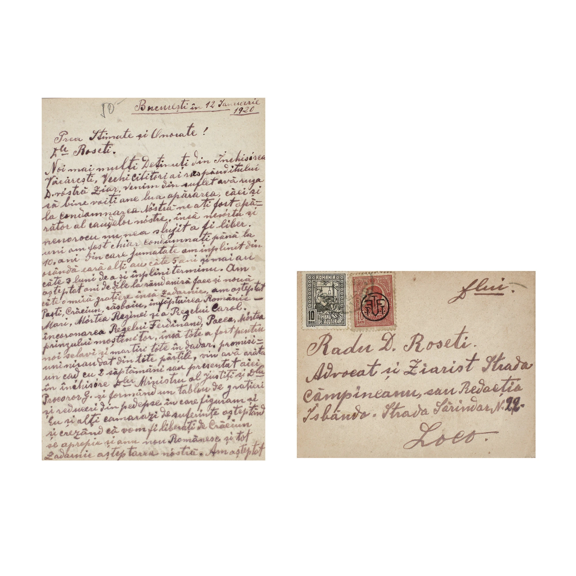 The letter "Noi, mai mulÈi deÈinuÈi din Ã®nchisoarea VÄcÄreÈti..." ("We, several detainees from VÄcÄreÈti prison ..."), sent by I. Niculescu to the lawyer Radu D. Rosetti, Bucharest, January 12, 1920, with the original envelope