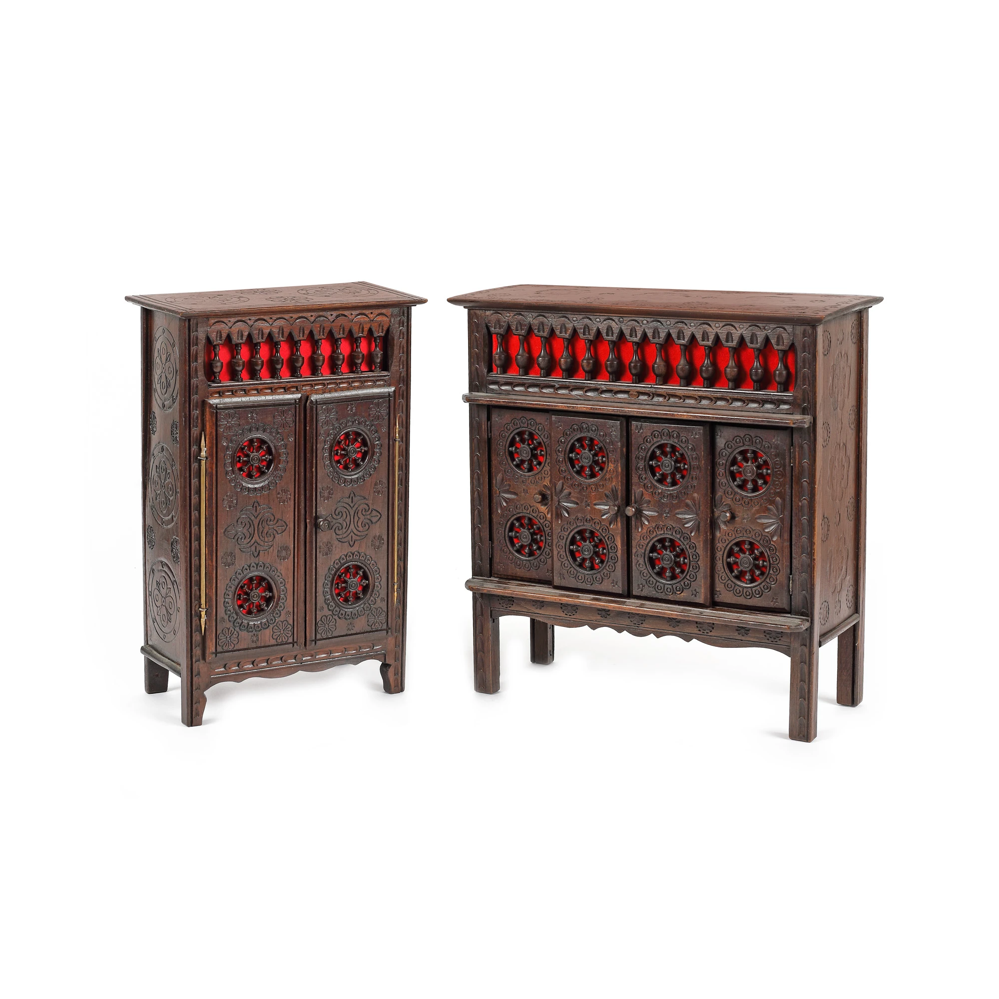 Two jewellery boxes, cabinet type, decorated with rosettes and solar motifs, possibly France, early 20th century