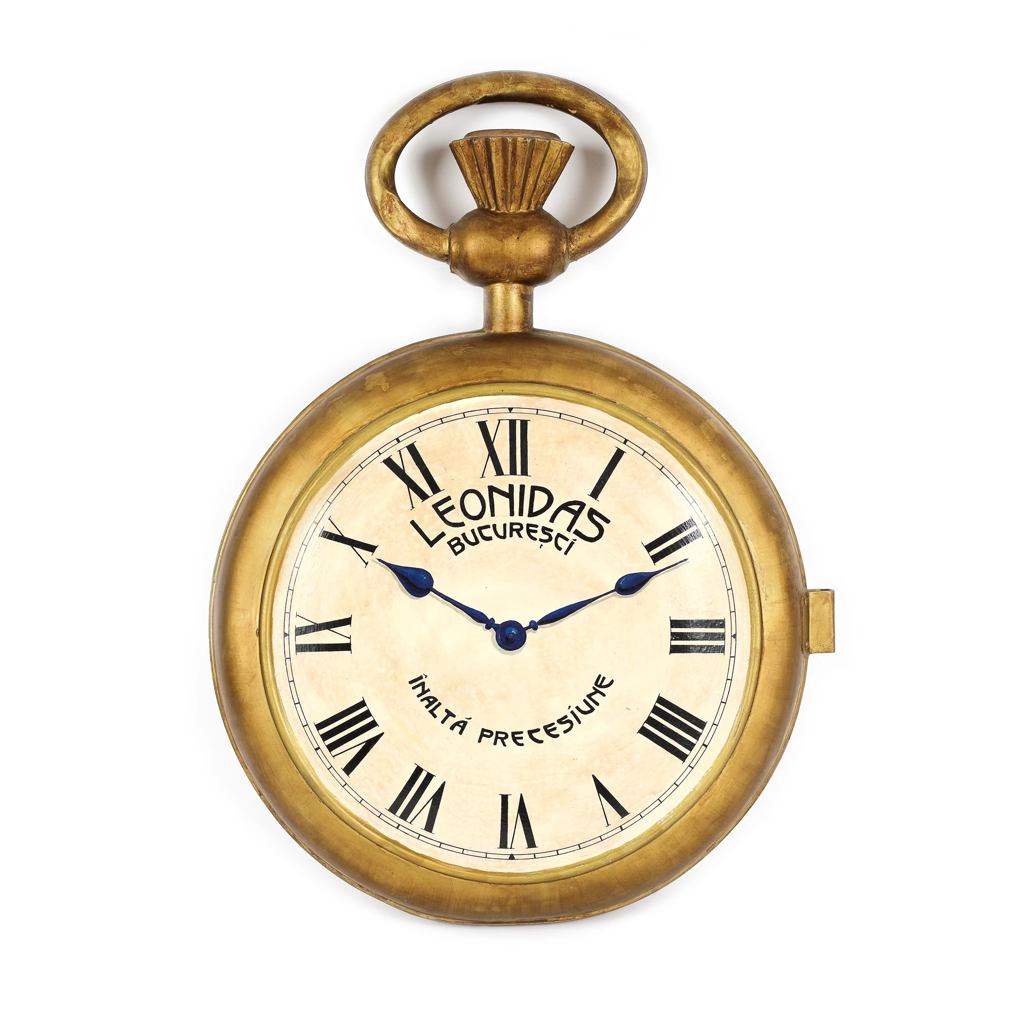 Advertising for Leonidas watchmaking, "ÃnaltÄ precesiune" ("High precision"), in the form of a pocket watch, early 20th century