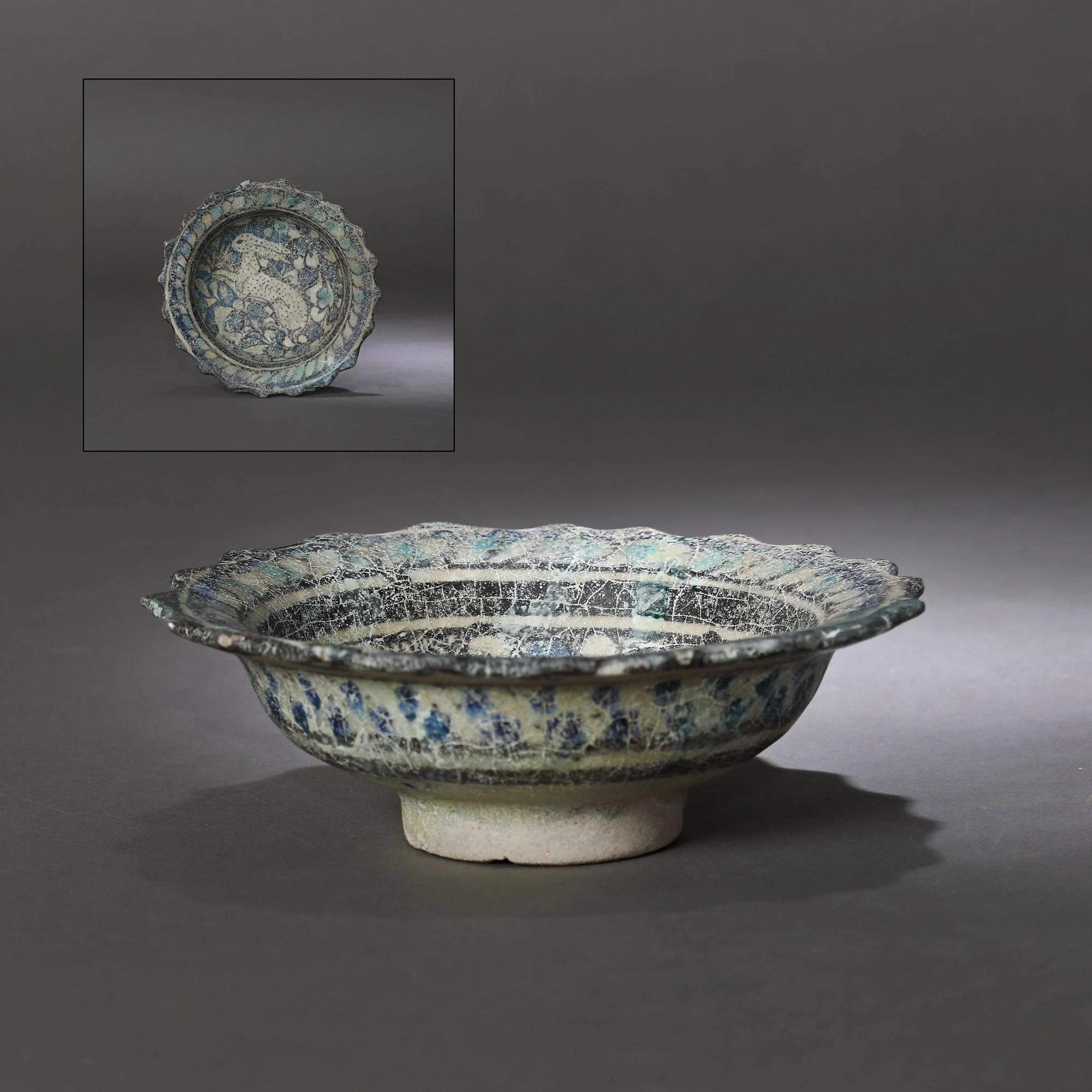 Glazed ceramic Persian bowl, decorated with hunting scene (a rabbit running), approx. 850 years old, 12th century (accompanied by an expert report)