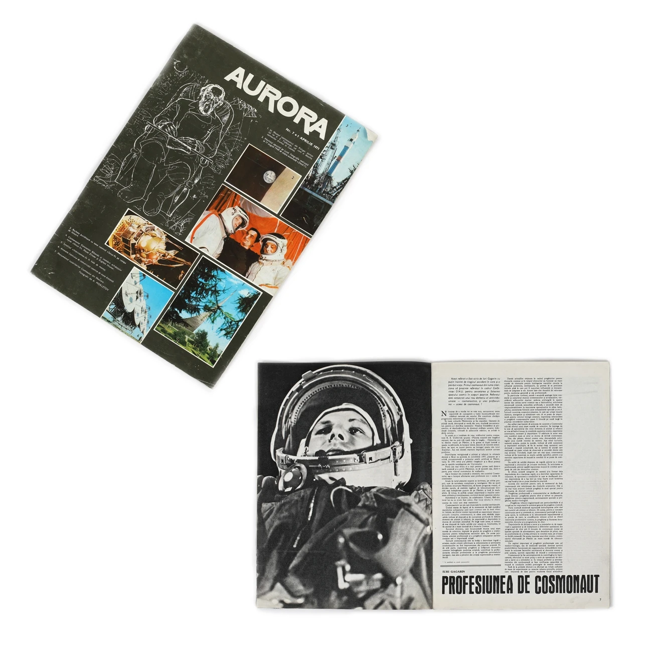 "Aurora" magazine, issue dedicated to the first cosmonaut to orbit the earth, Yuri Gagarin, and the first woman to reach space, Valentina Tereshkova, April 1, 1971