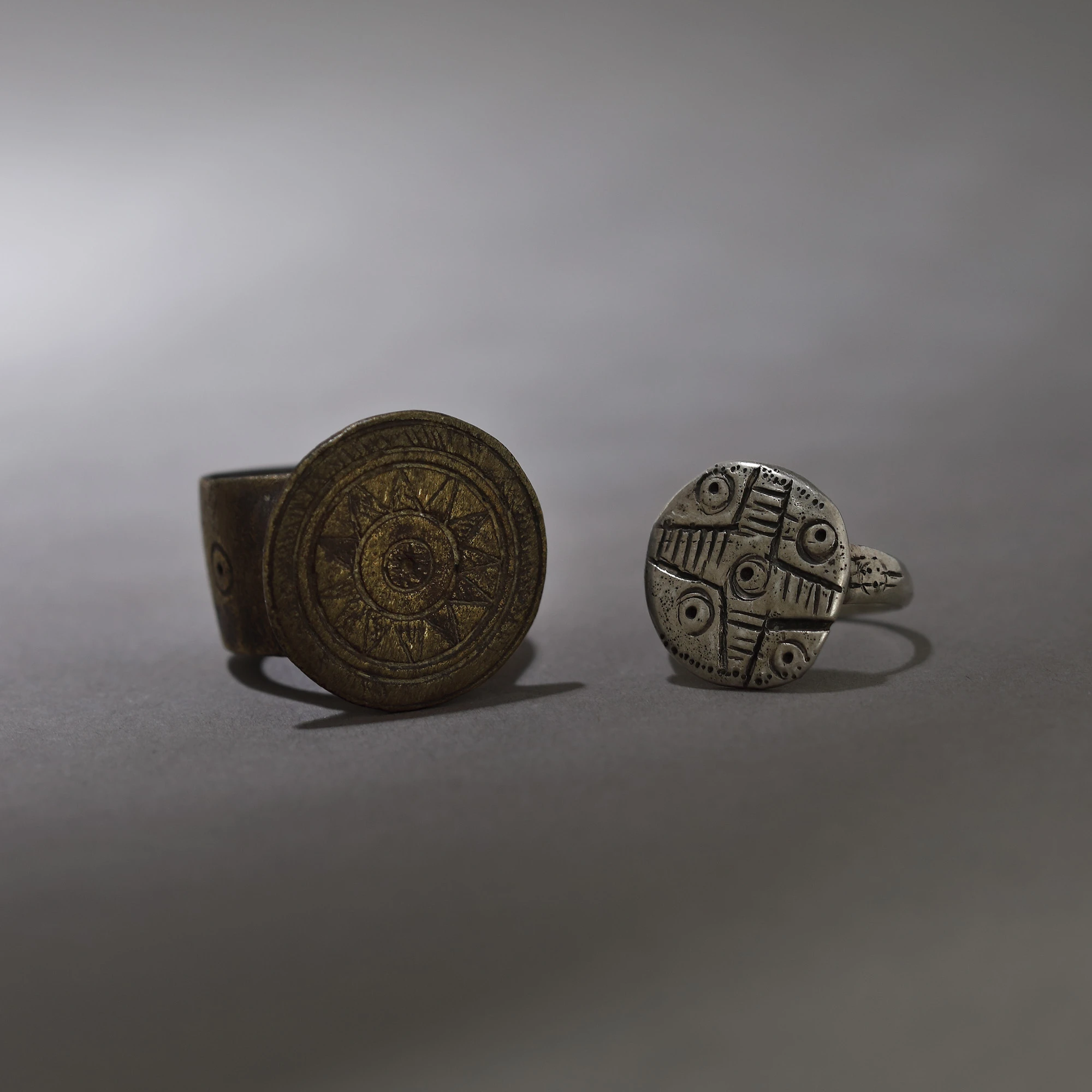 Pair of engagement rings, decorated with cross motif and solar motifs, the Land of the Hutsuls, 19th century