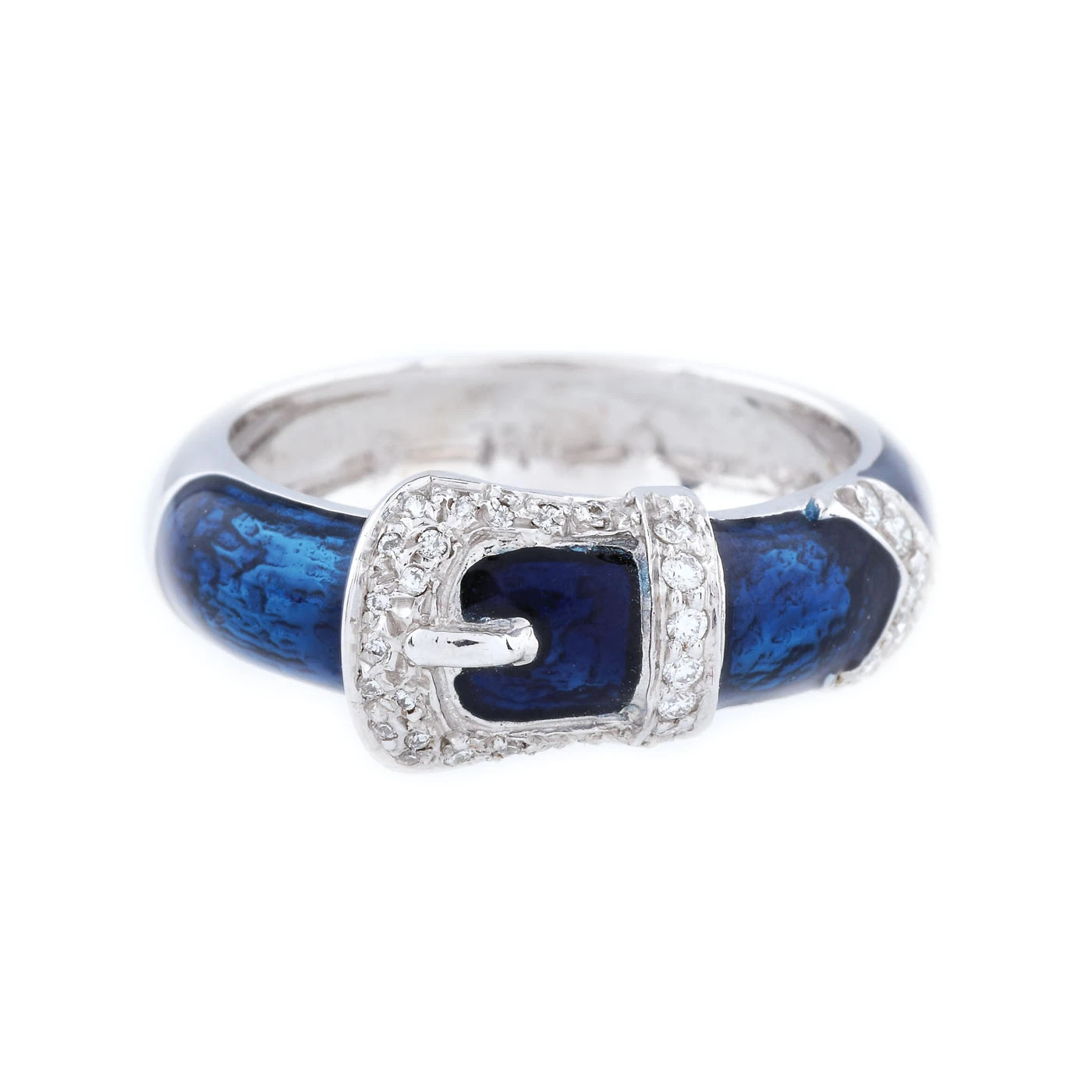 Inel belt buckle din aur alb, ornat cu email și diamante