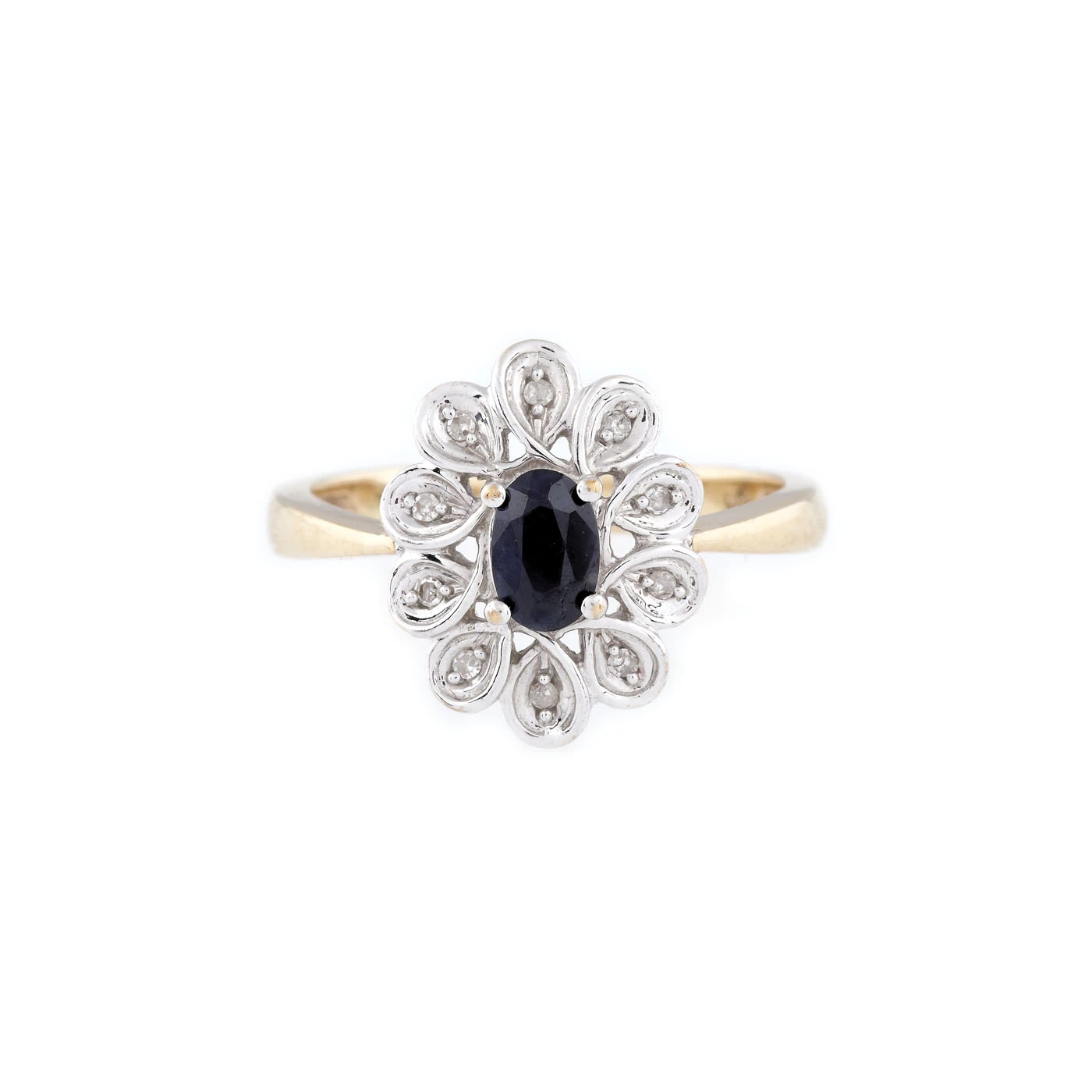 Inel din aur, decorat cu safir și diamante în model floral