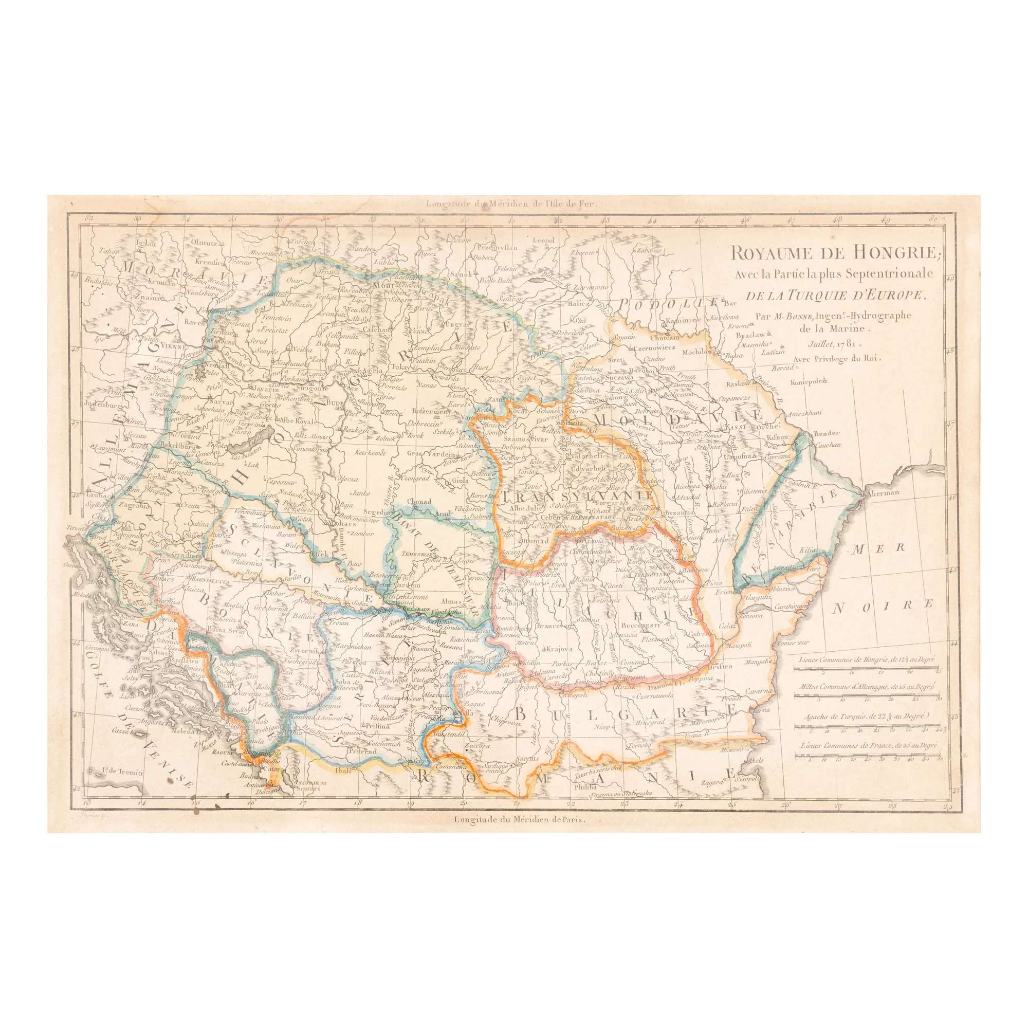 Hartă ”Regatul Ungariei și al regiunilor de nord ale Turciei europene”, de Rigobert Bonne, Franța,1781