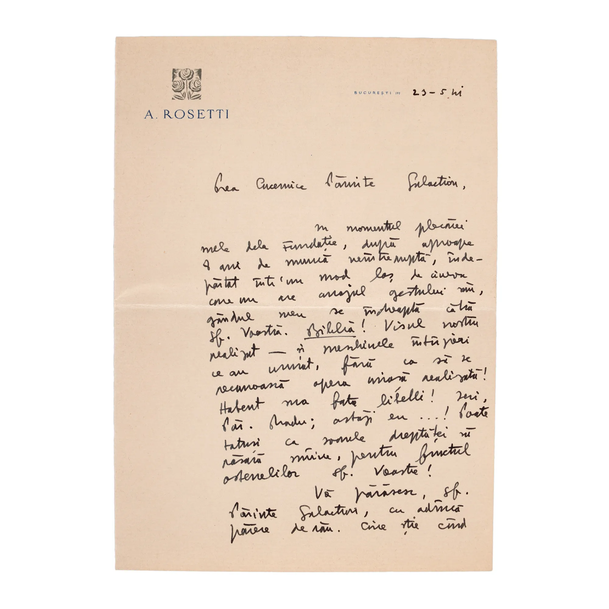 Letter sent by academician Alexandru Rosetti to Gala Galaction, signed holograph, from the historic collection of Șerban Țuculescu-Maria Galaction