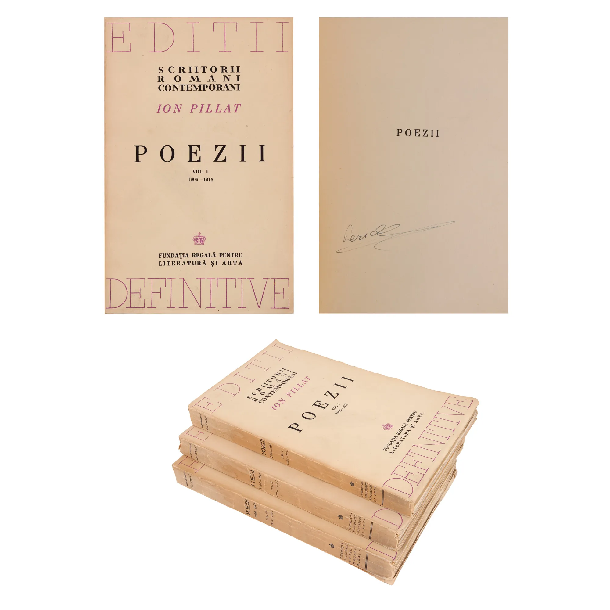 ”Poezii”, de Ion Pillat, trei volume, ediție princeps, București, 1944, provin din colecția scriitorului Pericle Martinescu
