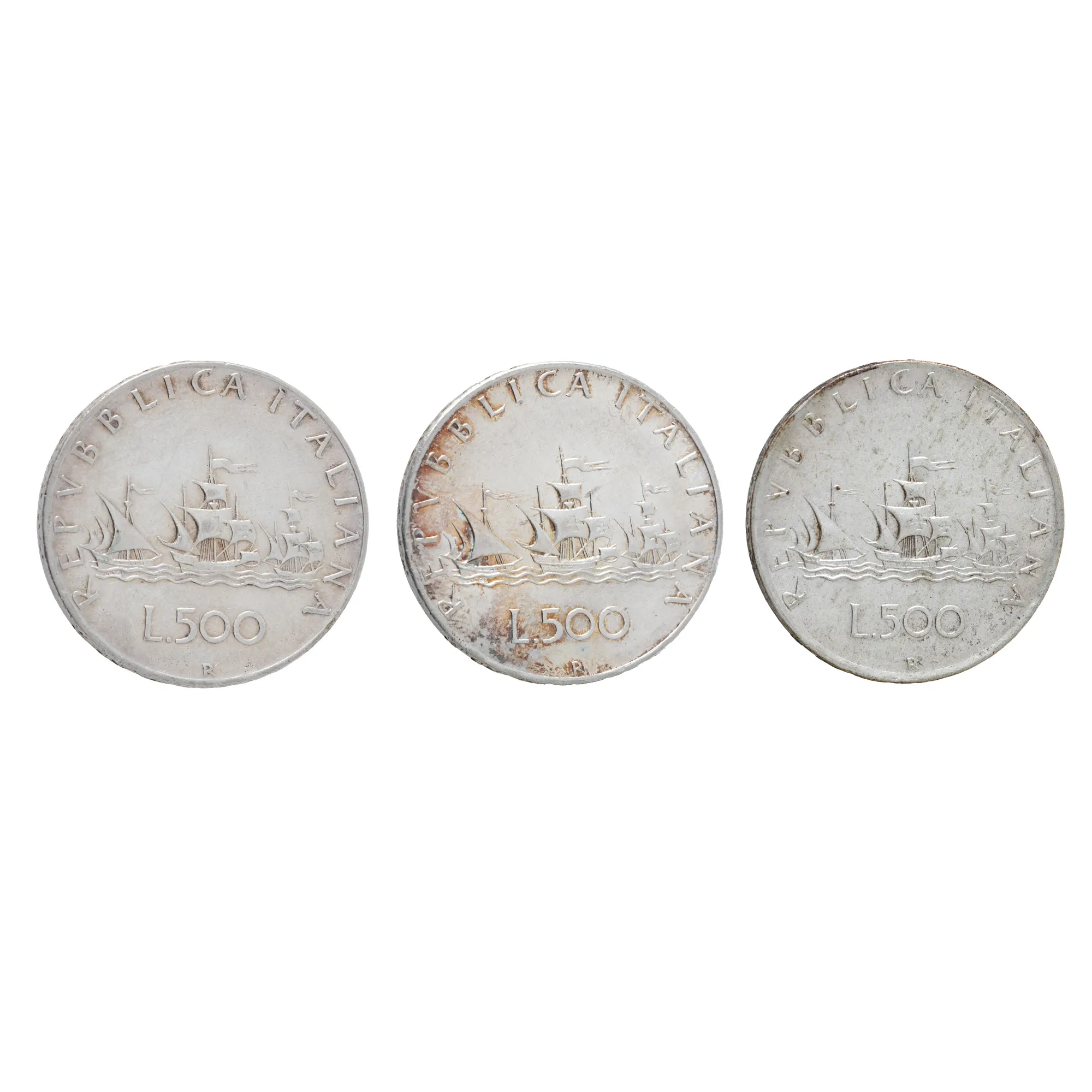 Italian Economic Mission in Bucharest, lot of three Italian silver coins, in case, 1975-1977, originating from the collection of the writer Pericle Martinescu