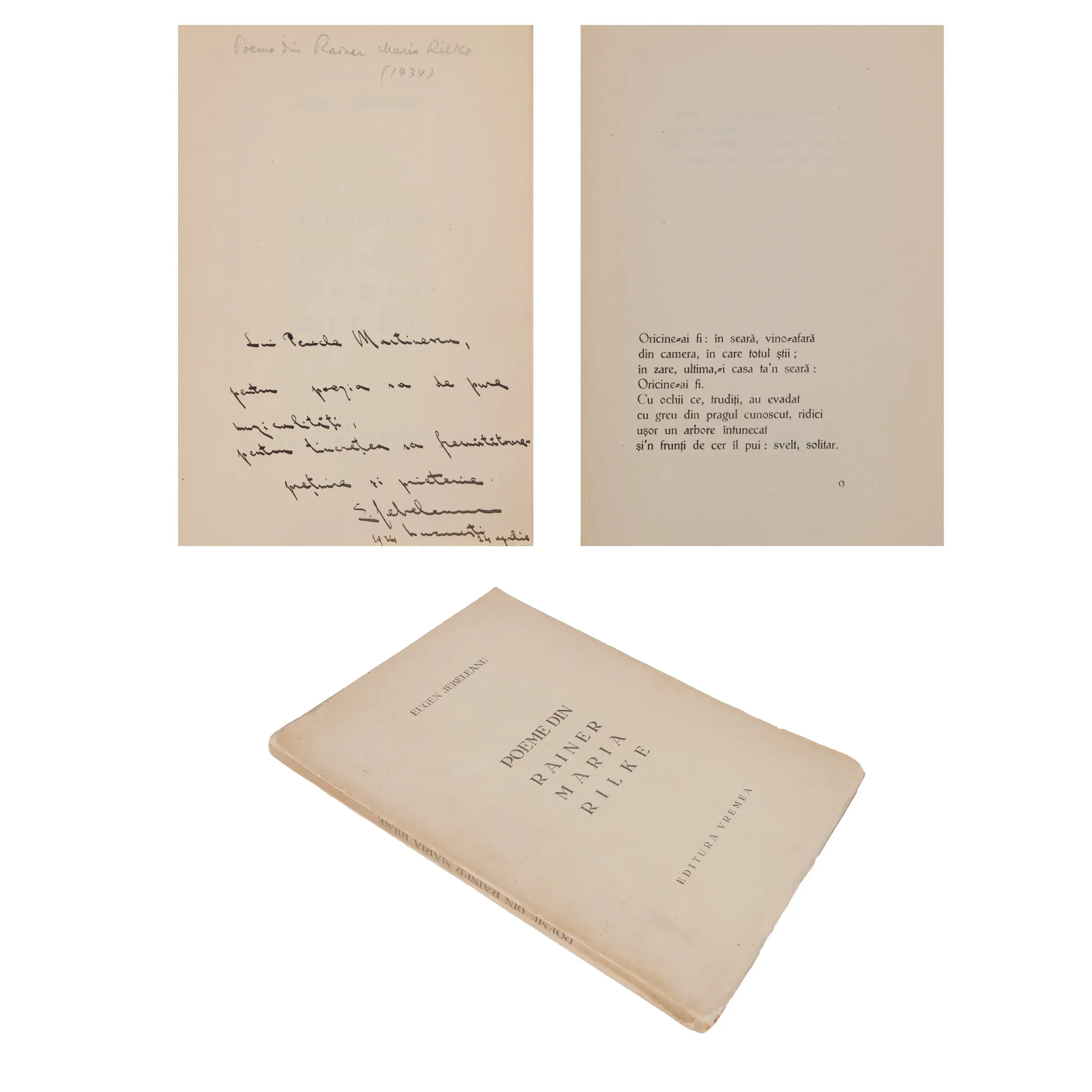 "Poems from Rainer Maria Rilke" by Eugen Jebeleanu, with a portrait by Ion Anestin, Bucharest, 1934, with dedication to the writer Pericle Martinescu and the handwritten signature of the author
