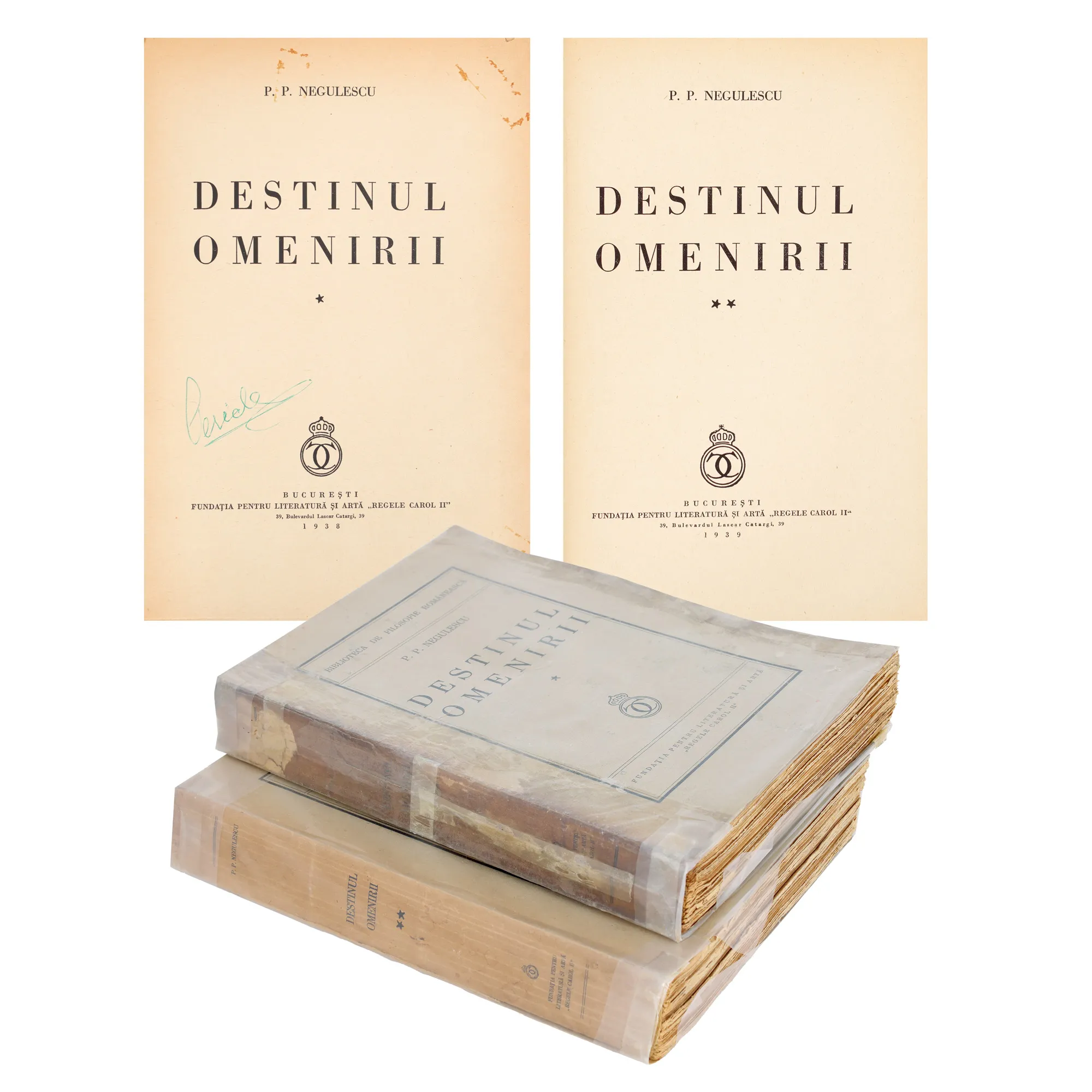 "Destiny of Humanity" by Petre P. Negulescu, two volumes, Bucharest, 1938, with the ex-libris of the writer Pericle Martinescu, from whose collection it originates.