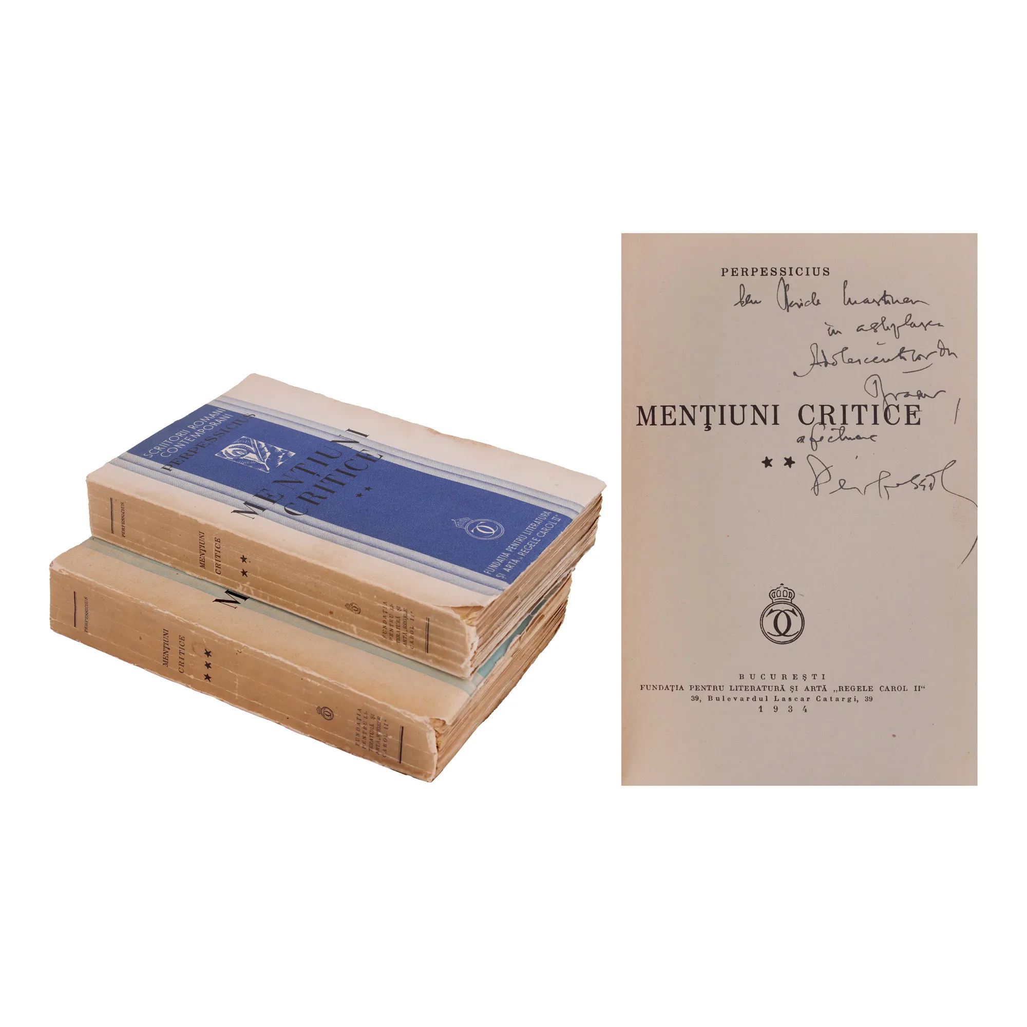”Mențiuni critice”, de Perpessicius, două volume, București, 1934, cu dedicație și semnătura olografe ale autorului, provine din colecția scriitorului Pericle Martinescu