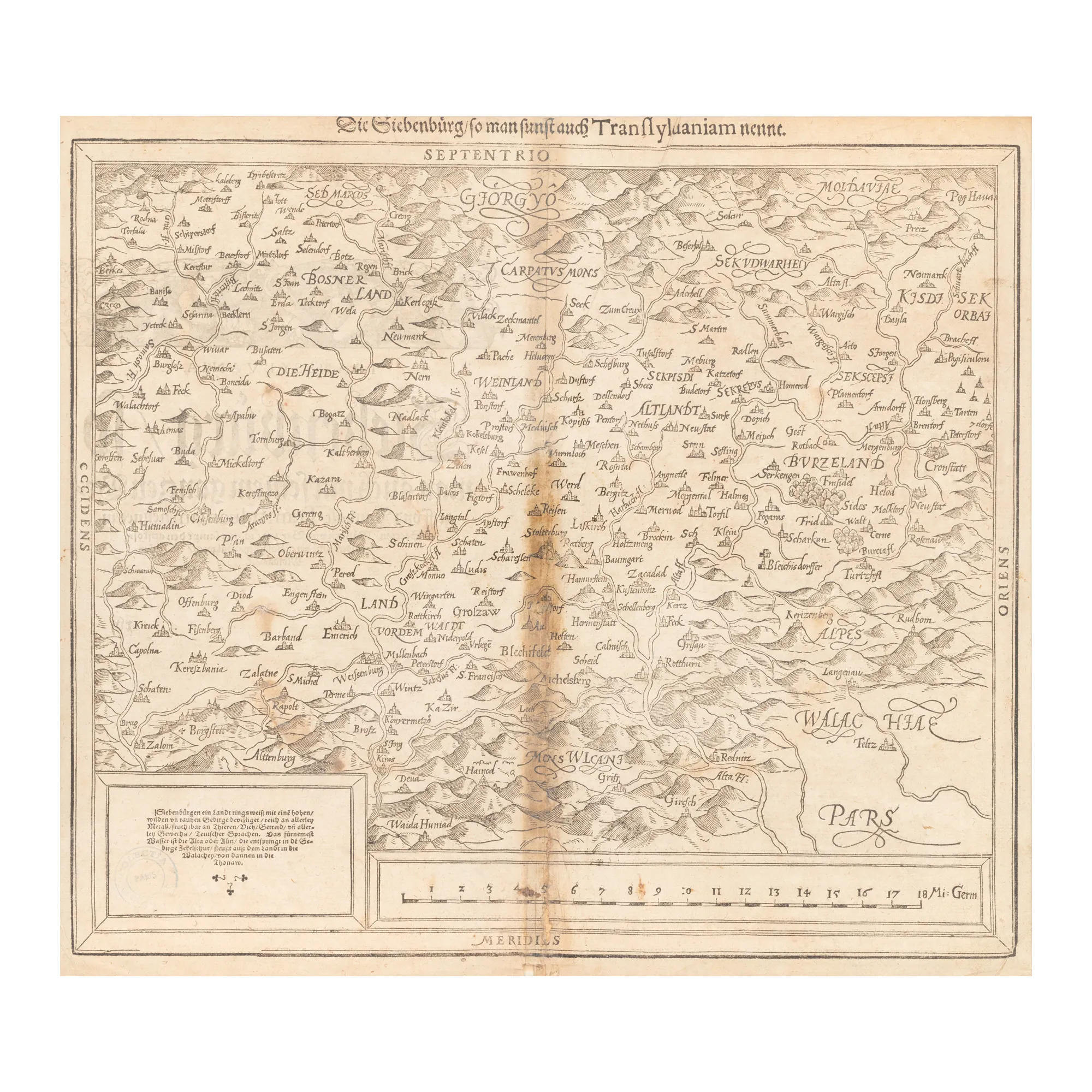 "Transylvania" Map by Sebastian Münster, Basel, 1588