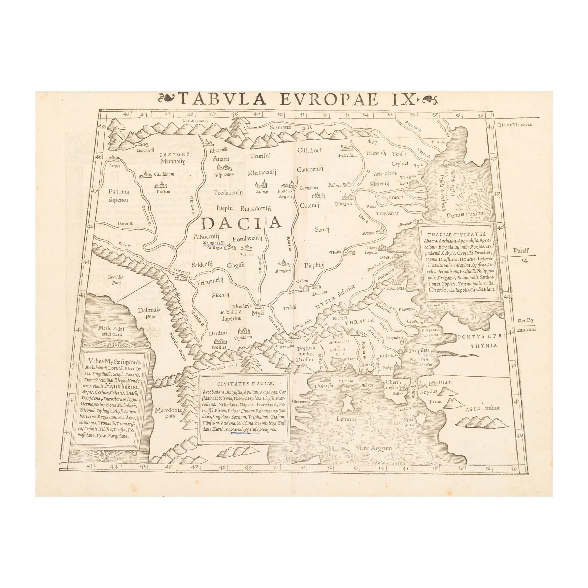 "Map 'Dacia', by Sebastian Münster, after 'Ptolemy's Geography', Basel, circa 1550"