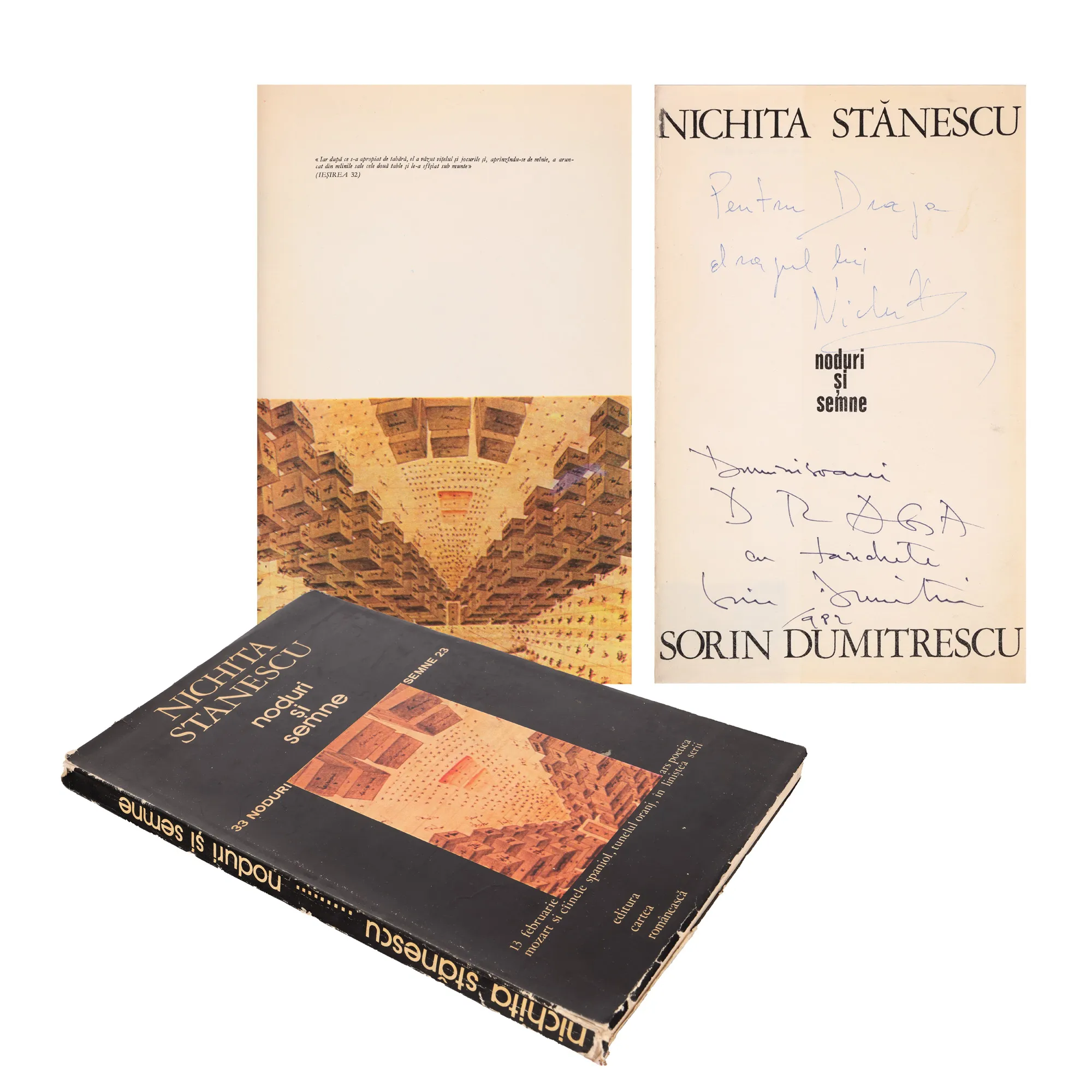 "Knots and Signs" by Nichita Stănescu and Sorin Dumitrescu, Bucharest, 1982, with two dedications and the handwritten signatures of Stănescu and Dumitrescu