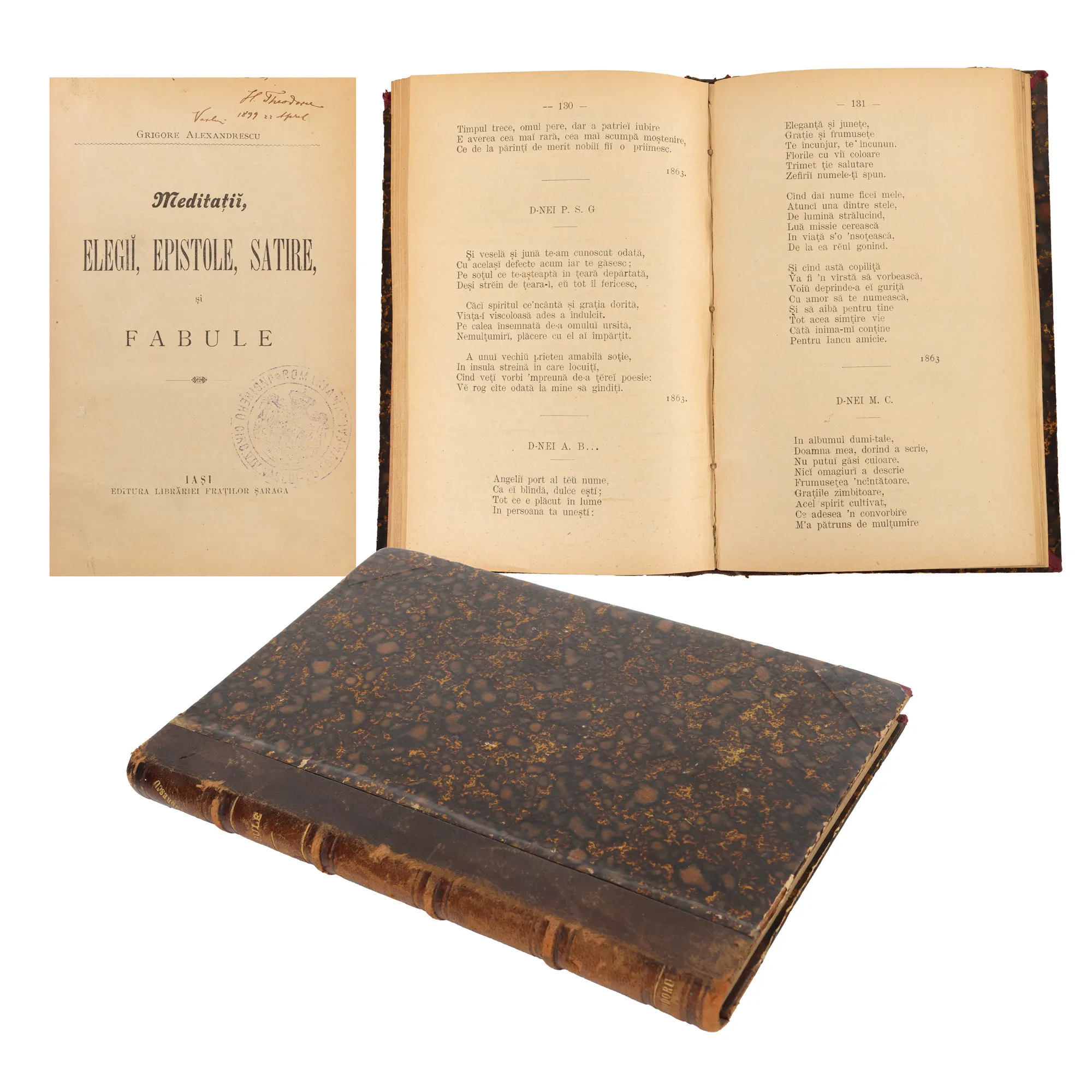 "Meditations, elegies, epistles, satires and fables", by Grigore Alexandrescu, first edition, Iași, 1863, with handwritten ex-libris H. Theodoru