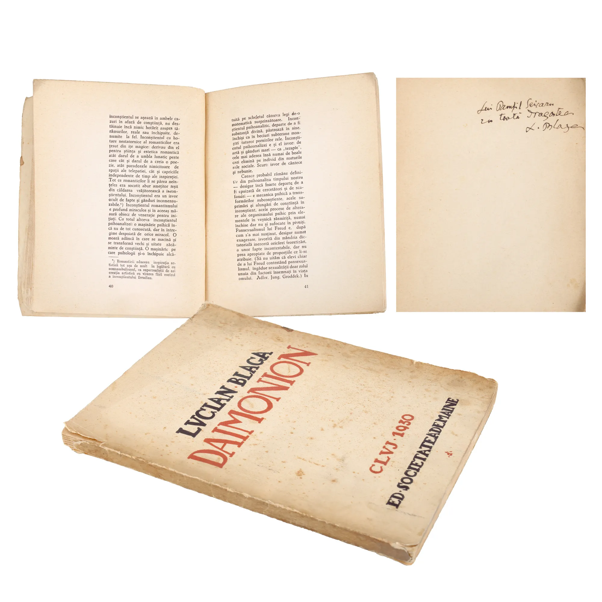 "Daimonion" by Lucian Blaga, Cluj, 1930, with the dedication "To Pamfil Șeicaru with all the love of the author", uncut bibliophile copy