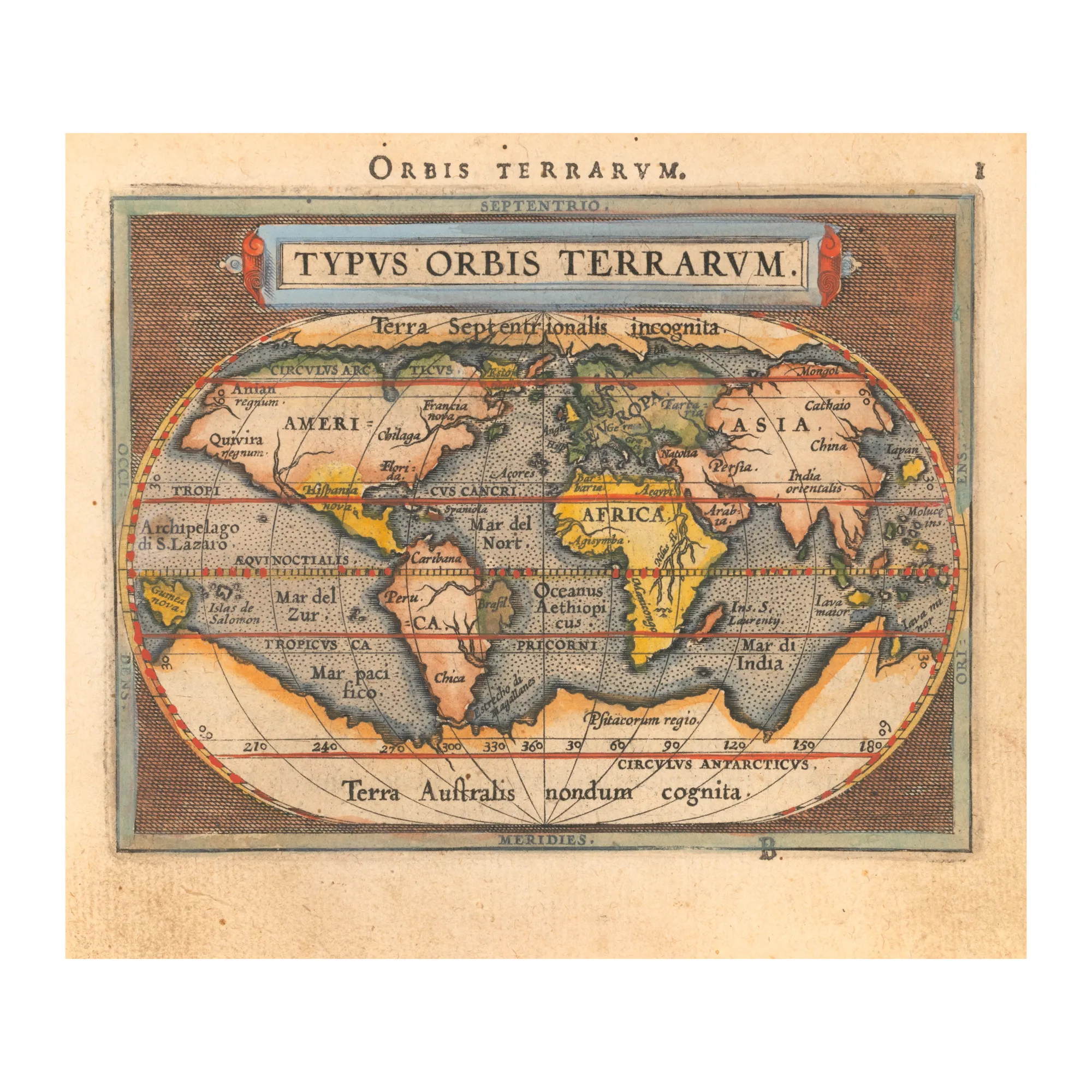 Map of the World (planisphere), "Typus Orbis Terrarum" by Abraham Ortelius, Orbis Terrarum edition, Antwerp, middle of 18th century