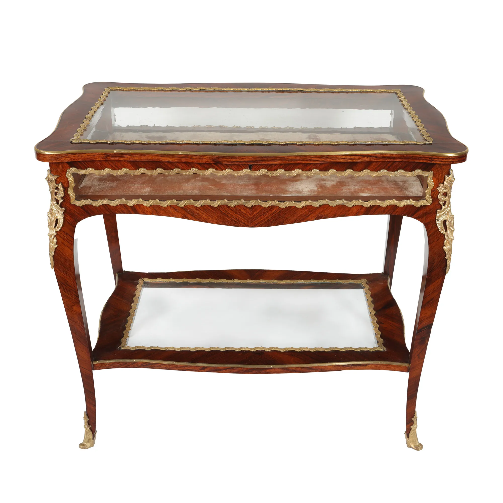 Display table, in Louis XV style, made of mahogany and beveled glass, decorated with gilded bronze elements, approx. 1880