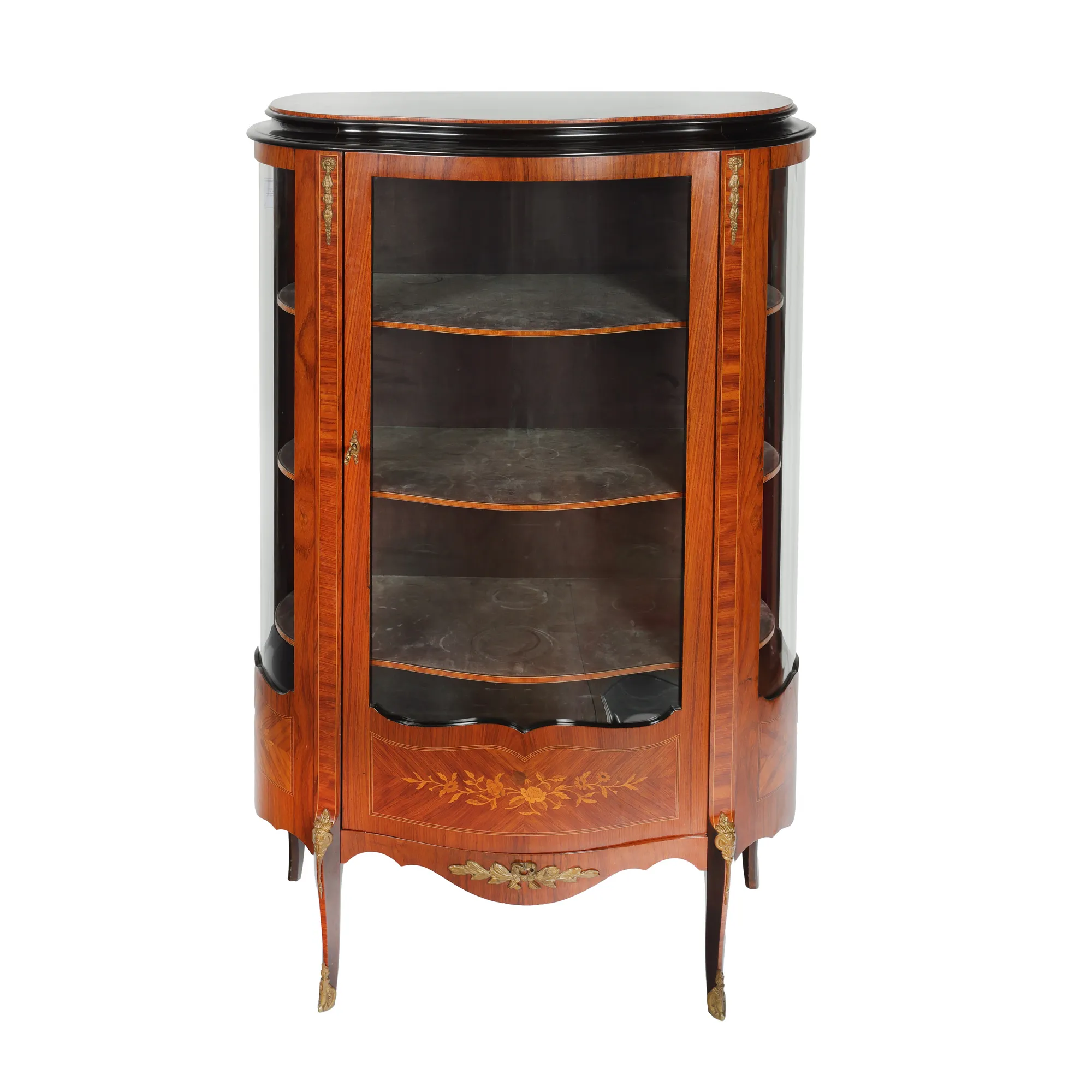 Louis XV mahogany display case, inlaid and decorated with bronze applications, end of 19th century.