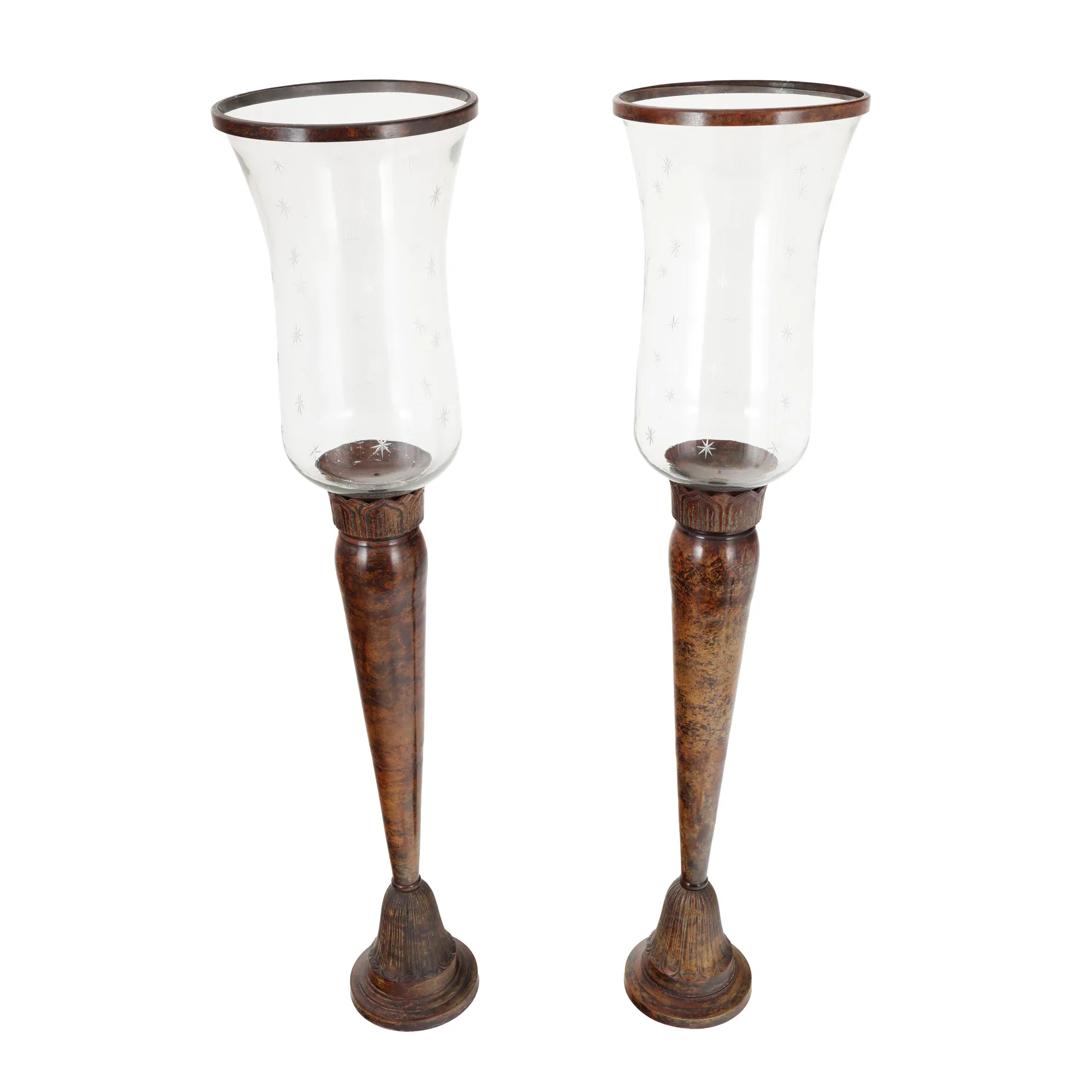 "Hurricane Candlesticks" - pair of tall bronze and engraved glass candlesticks, mid 20th century
