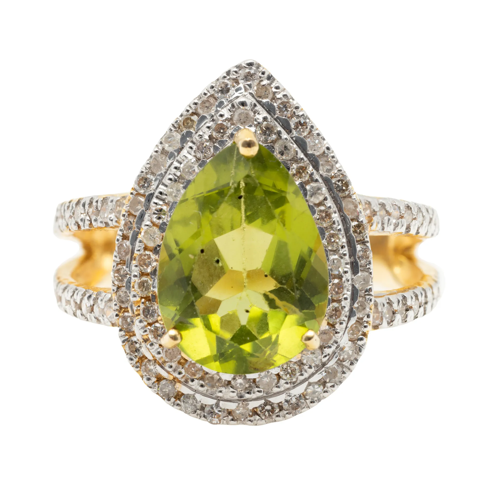 Inel din aur, decorat cu peridot în anturaj de diamante