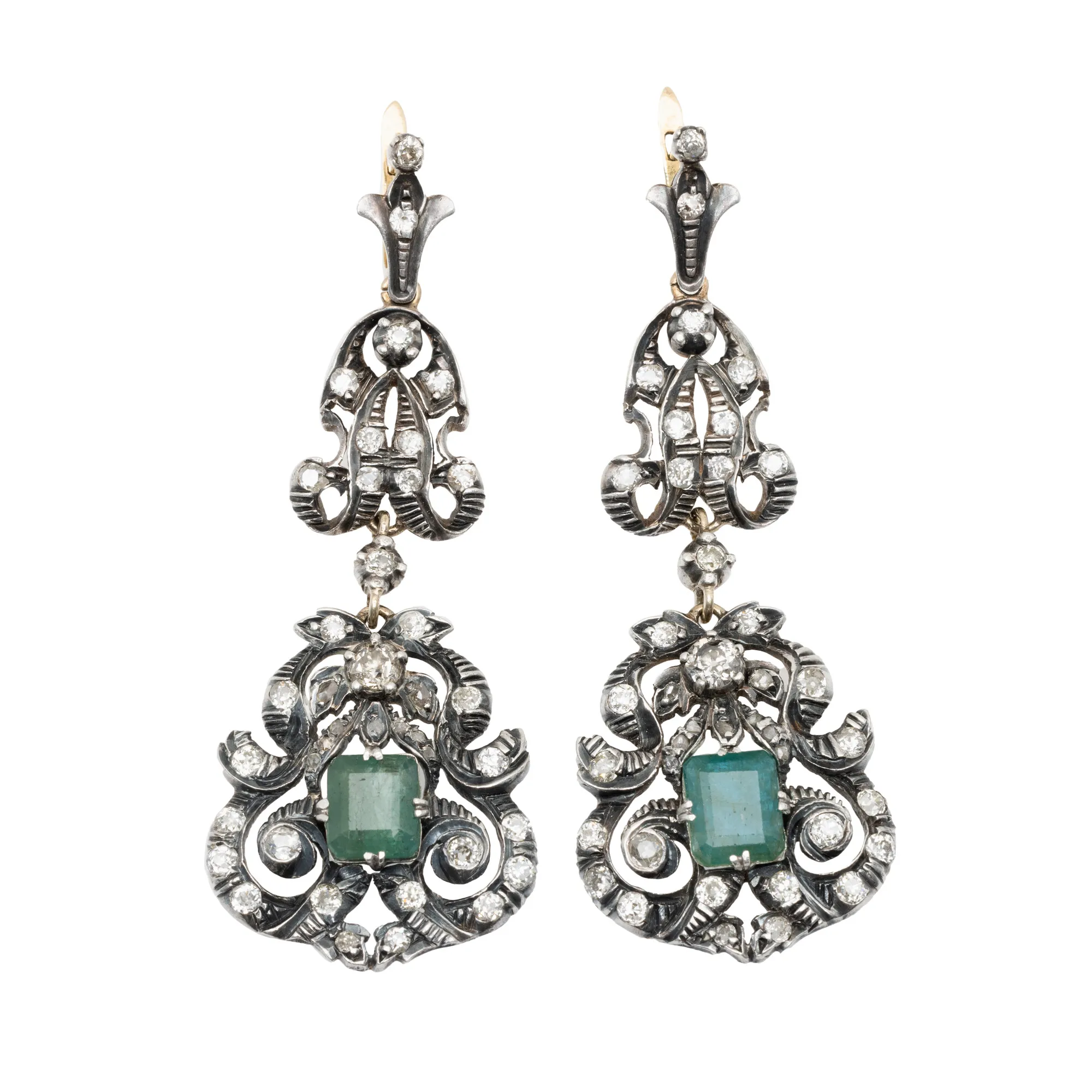 Pair of gold and silver earrings, decorated with diamonds and emeralds, accompanied by additional gemological certificate