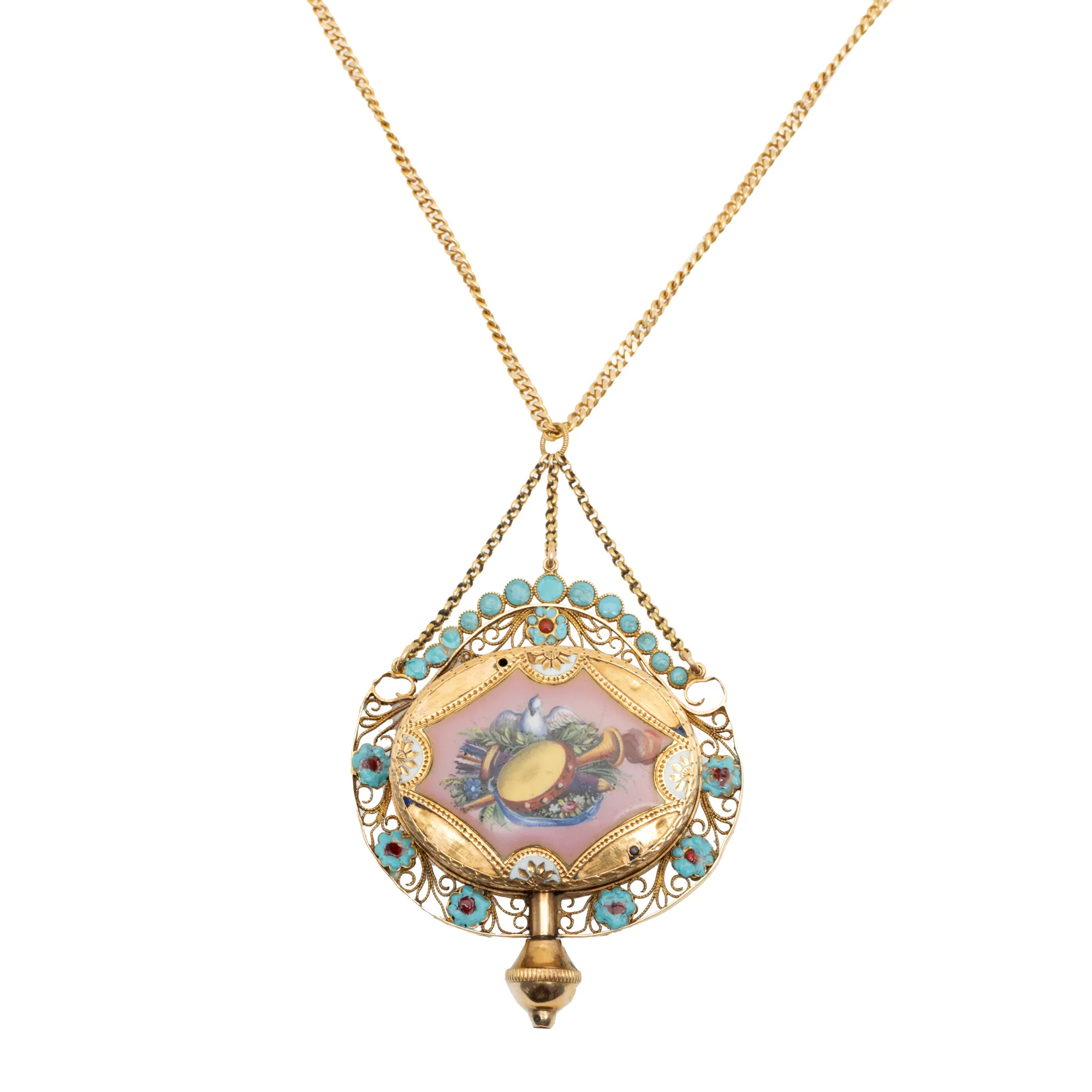 Chain with musical pendant, partially filigree gold, adorned with two medallions decorated with enamel, end of 19th century