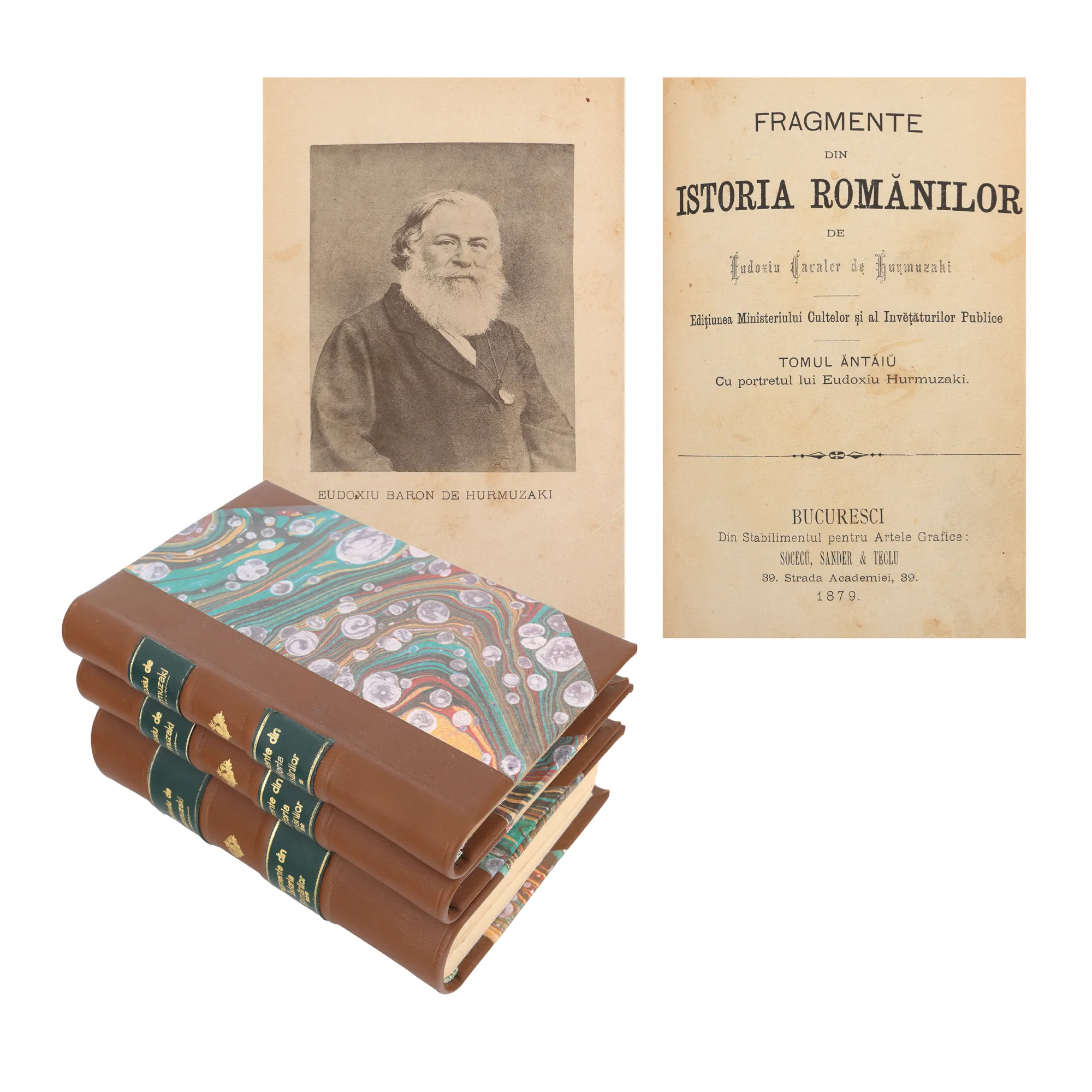 "Fragments from the History of Romanians", by Eudoxiu Baron de Hurmuzaki, three volumes (first volume translated by Mihai Eminescu), Bucharest, 1879
